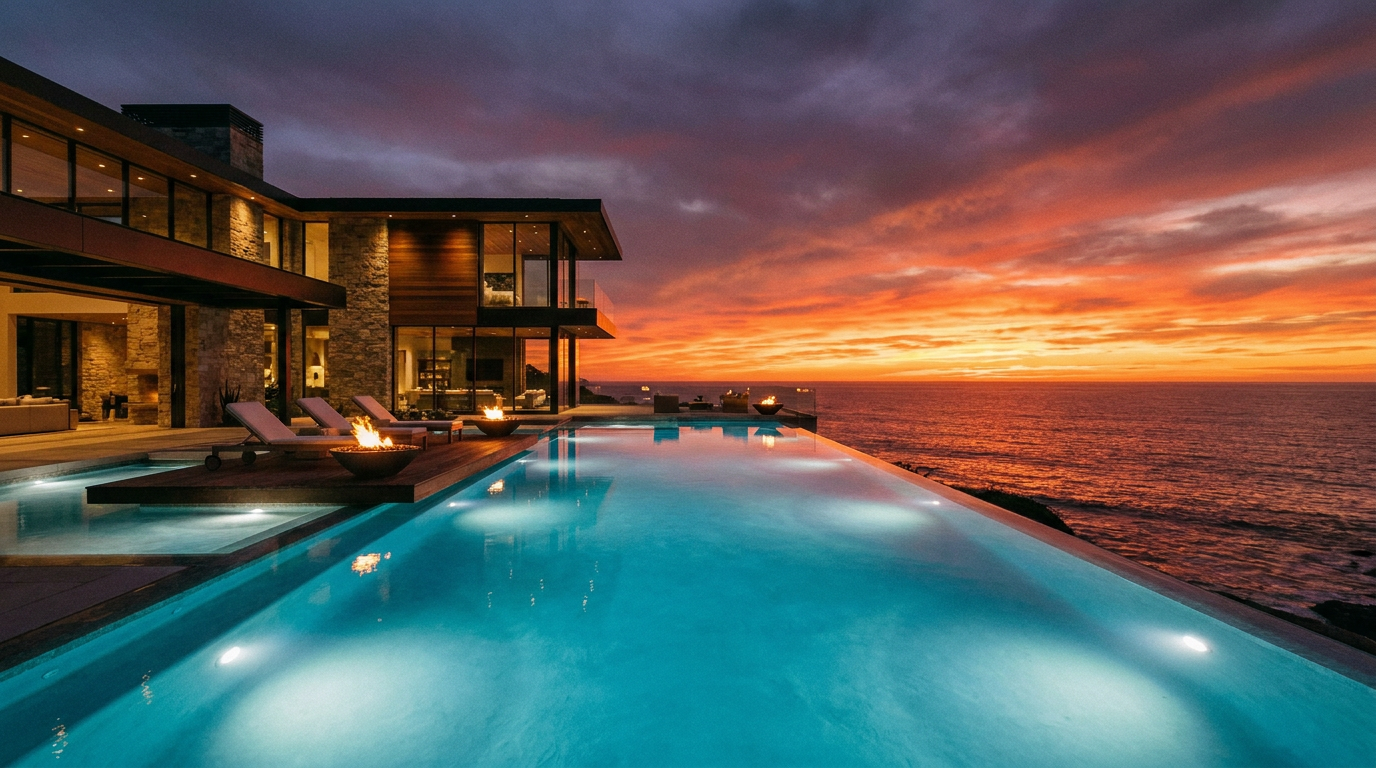Piscina de borda infinita ao pôr do sol com vista mar