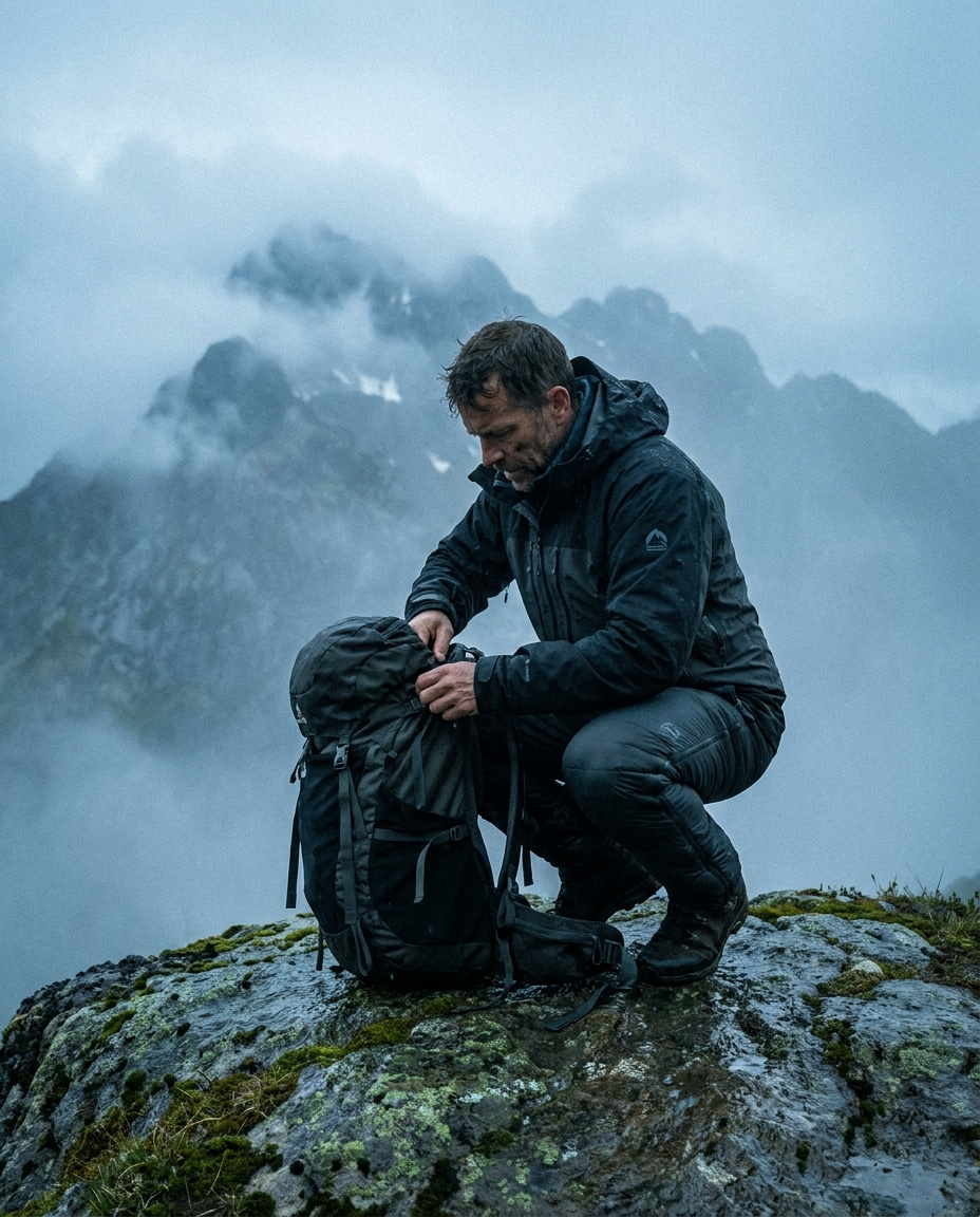 Hiker ajustando o equipamento