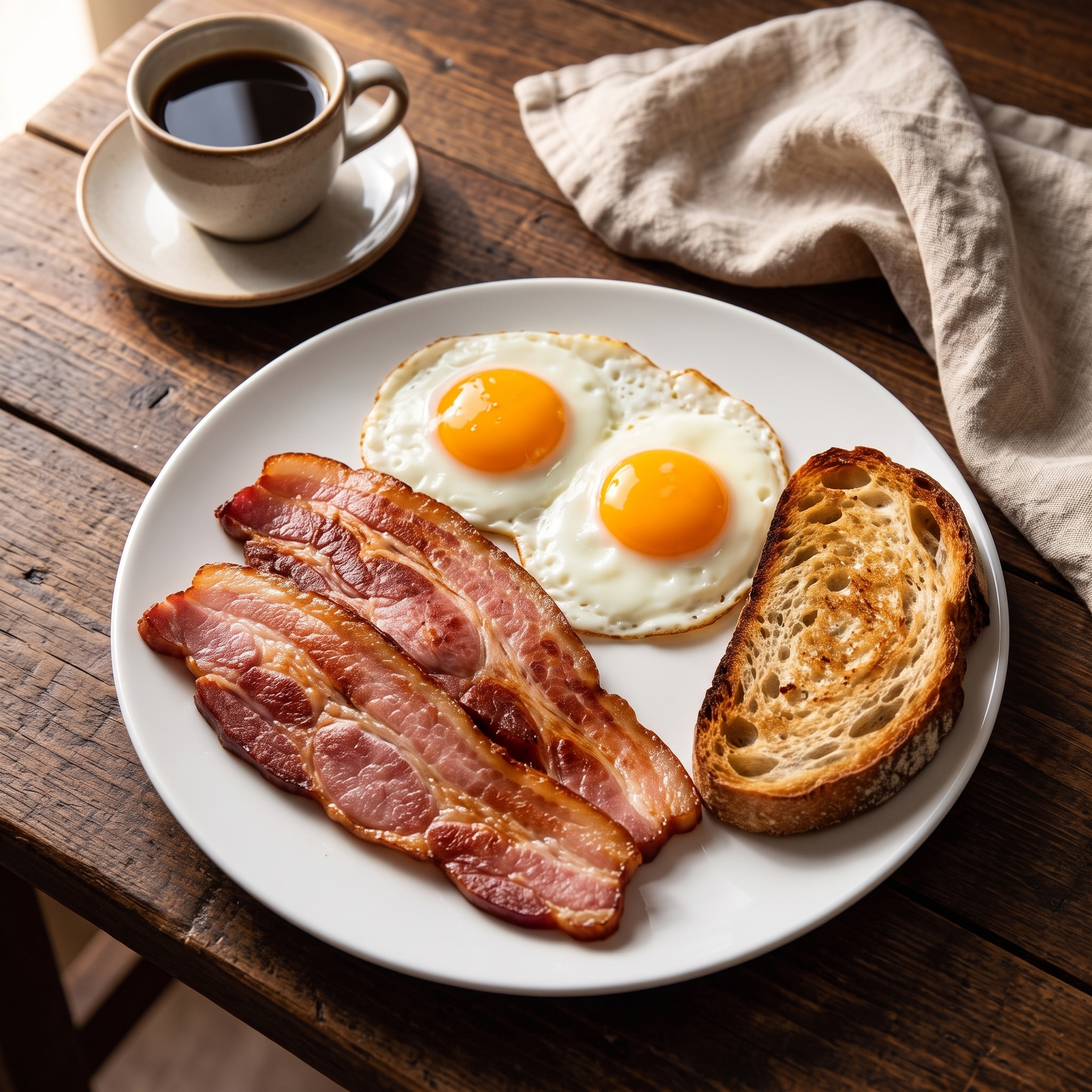 Prato com fatias de bacon artesanal, ovos e pão em uma mesa de madeira