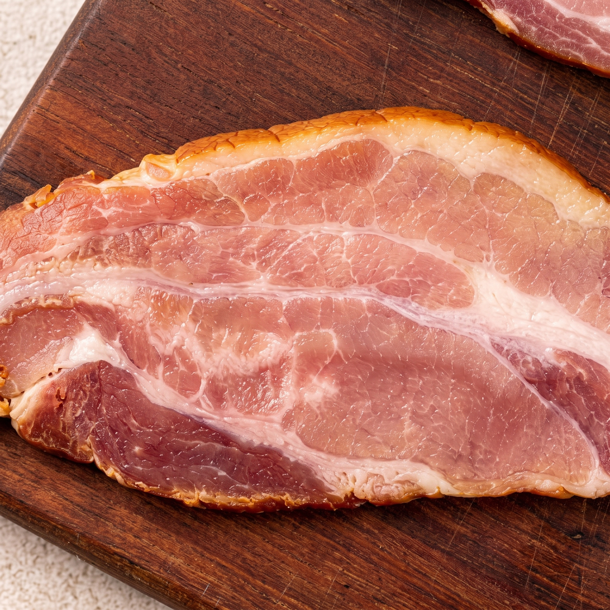 Macro de uma fatia de bacon artesanal mostrando a carne magra, o fio fino de gordura e o couro defumado
