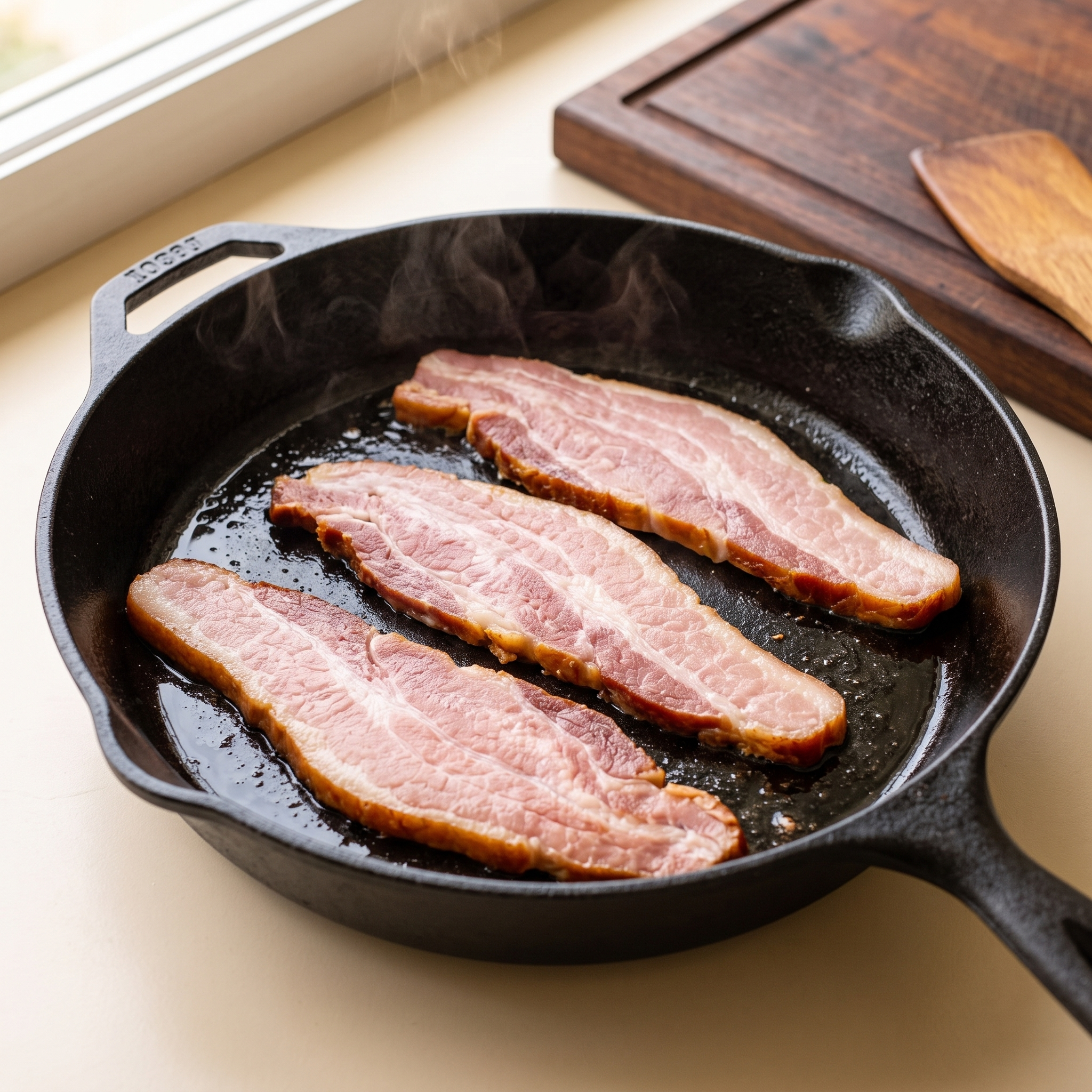 Fatias grossas de bacon artesanal dourando na frigideira de ferro