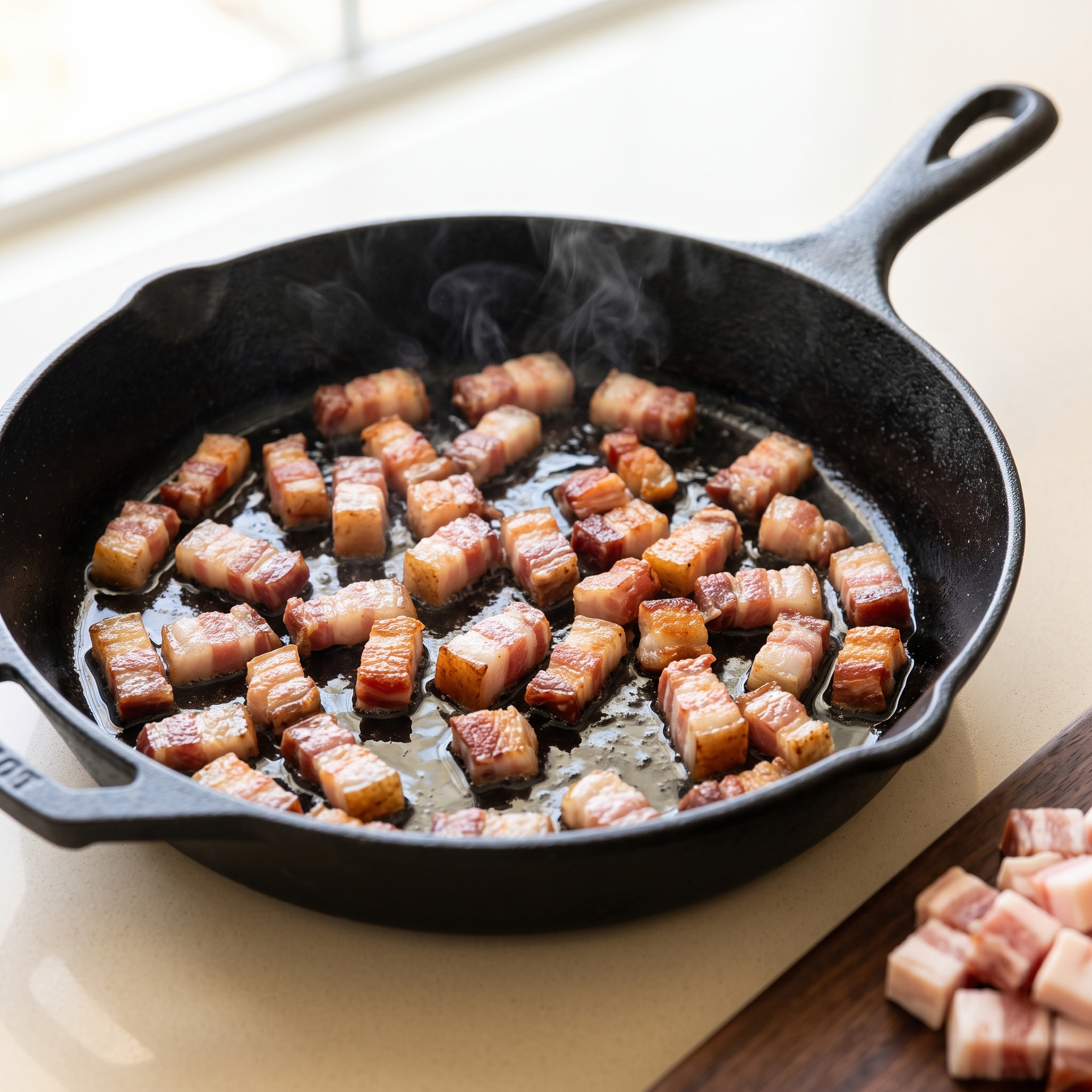 Cubos de guanciale derretendo em frigideira de ferro, soltando gordura