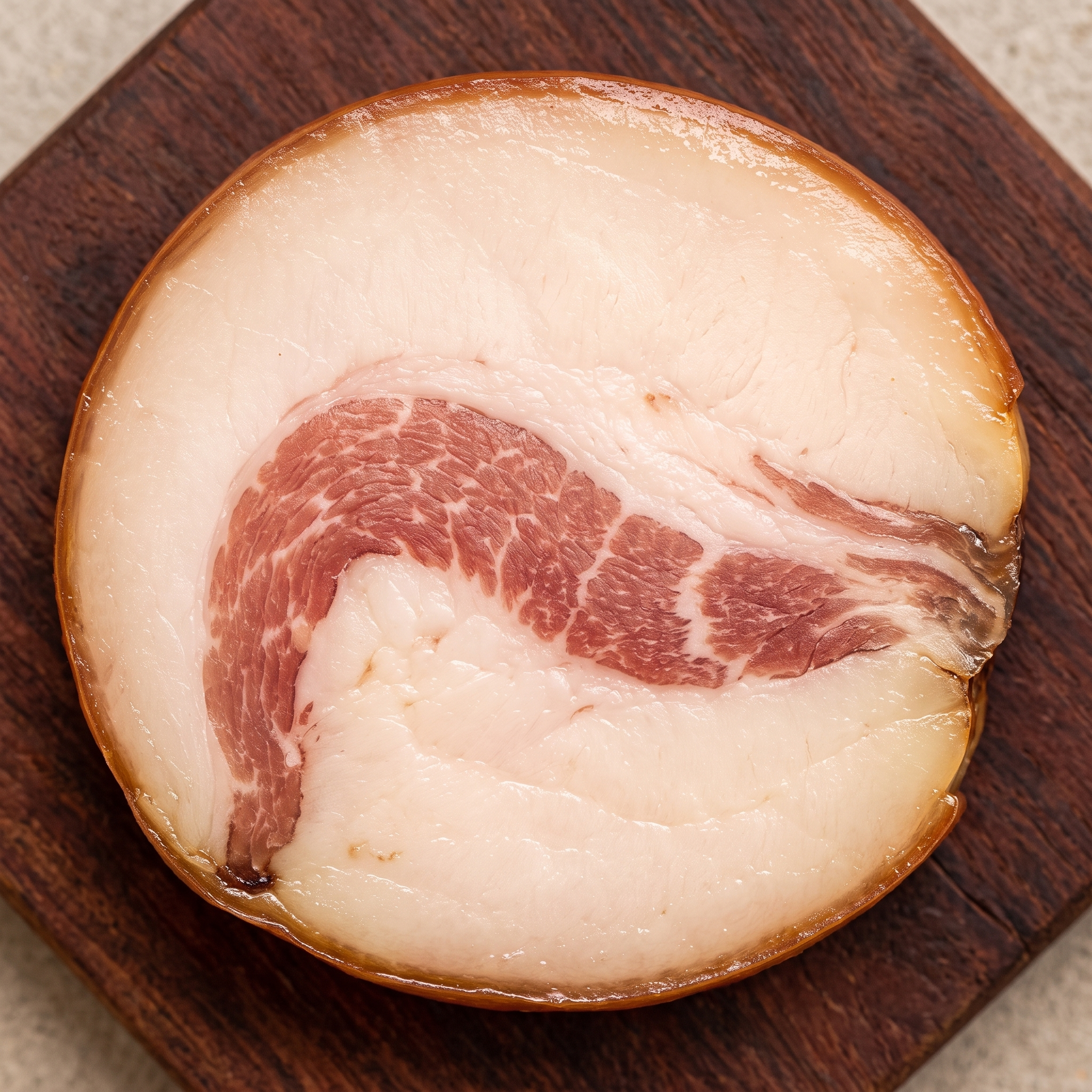 Macro de uma fatia de guanciale mostrando a veia de carne magra atravessando a gordura nobre