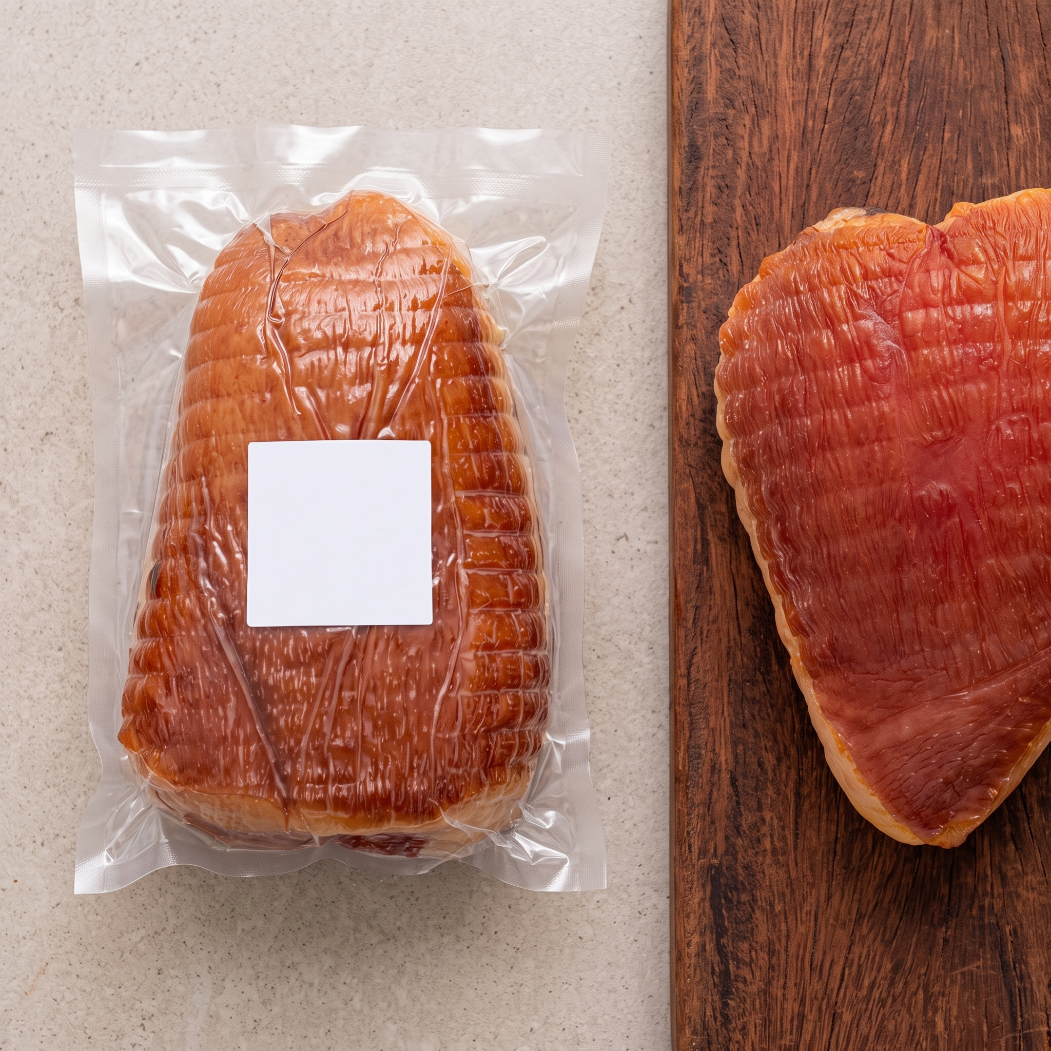 Peça de guanciale embalada a vácuo ao lado da peça aberta