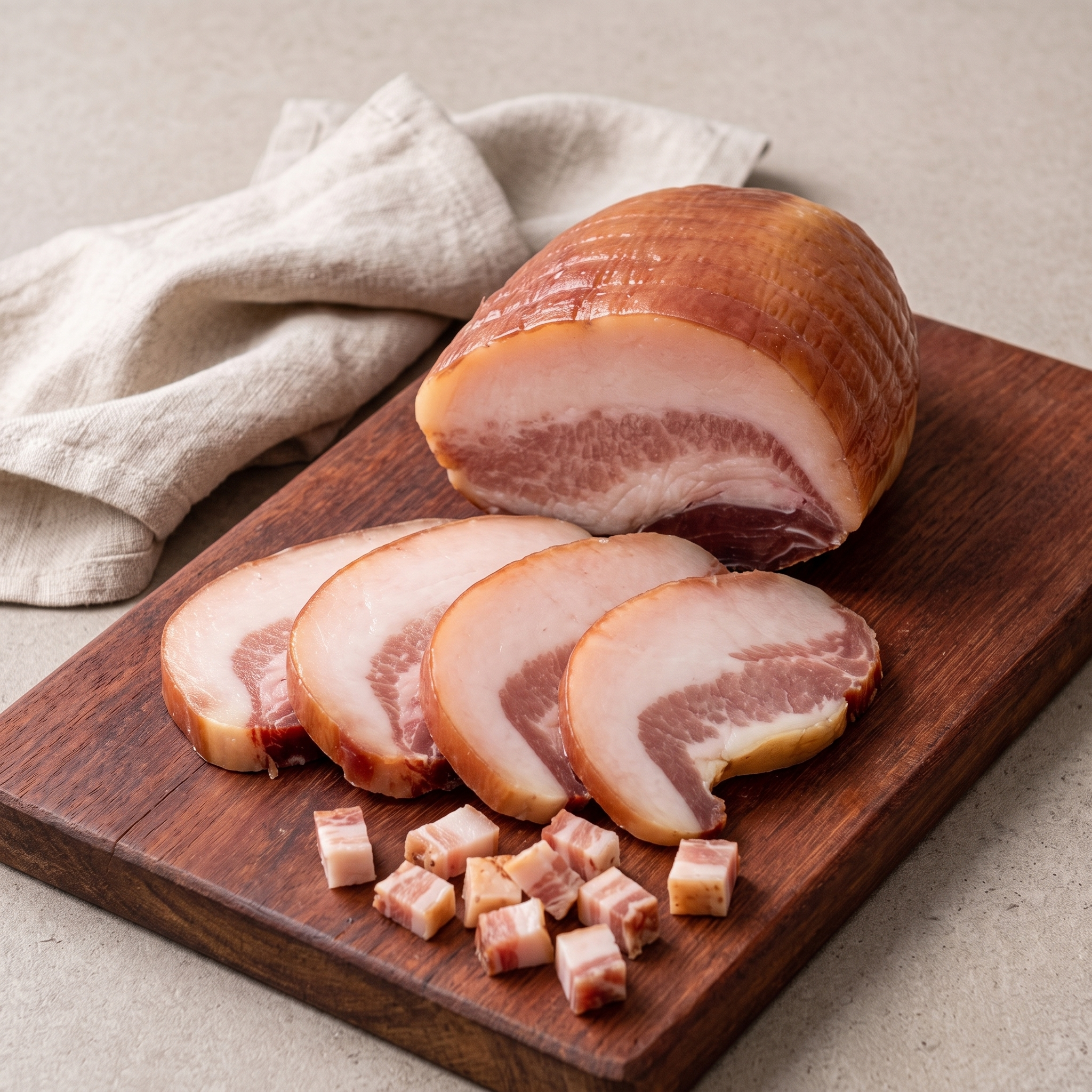 Peça inteira de guanciale com fatias e cubos cortados sobre tábua de madeira