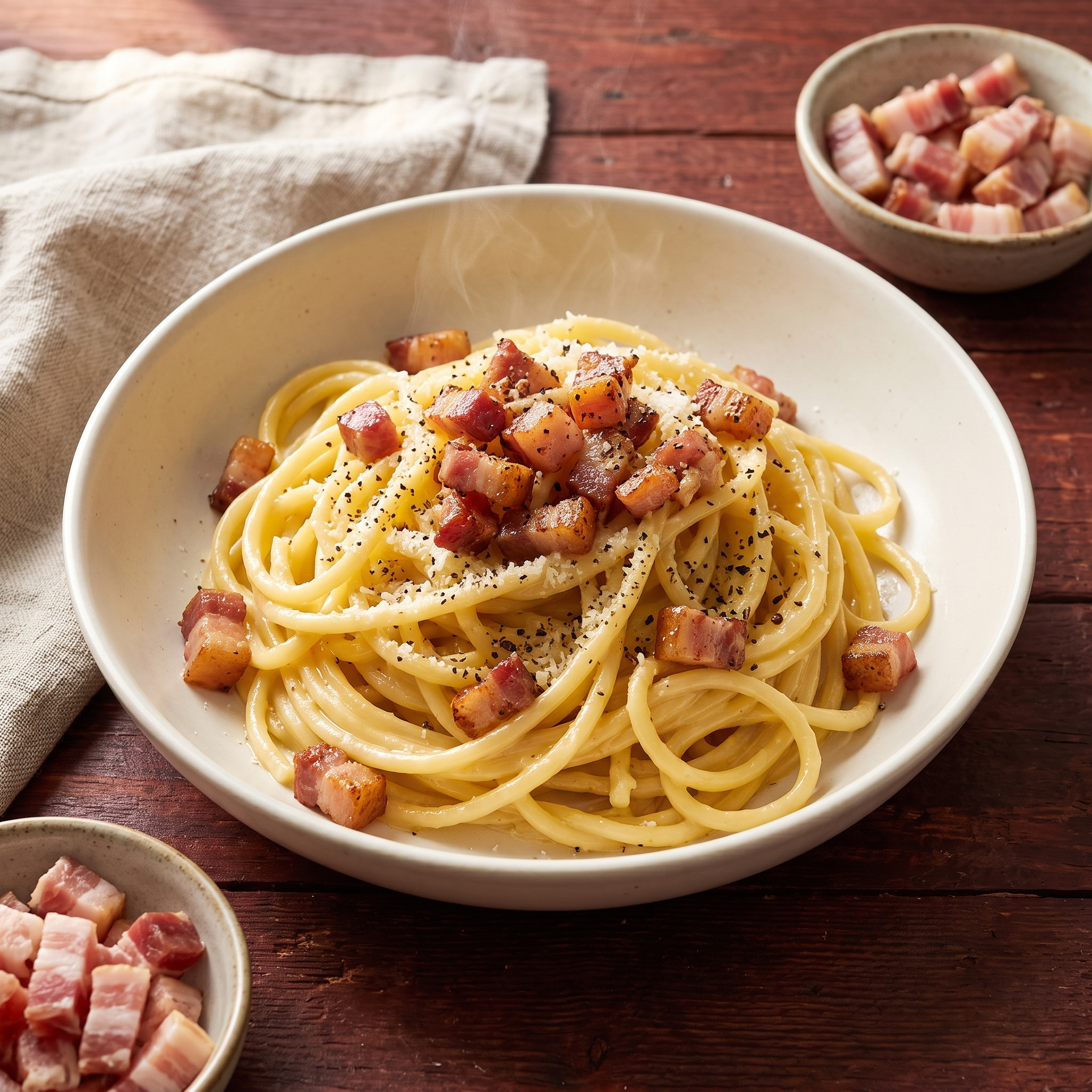 Prato de carbonara com cubos dourados de guanciale, pecorino e pimenta-do-reino