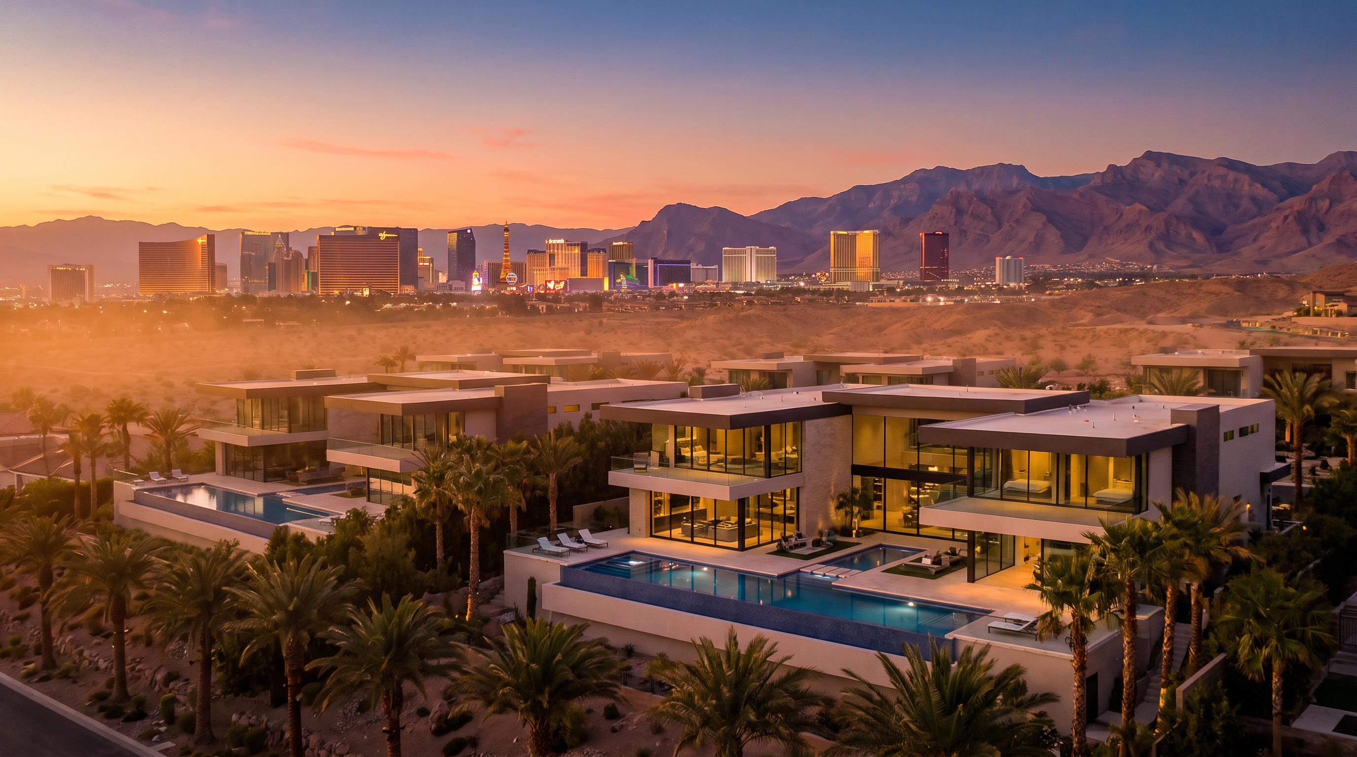 Luxury Las Vegas real estate at golden-hour dusk with the Strip skyline