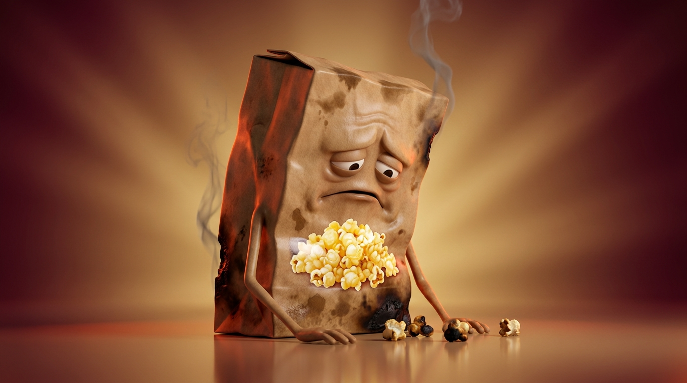 A scorched brown kraft microwave popcorn bag character looming - the villain