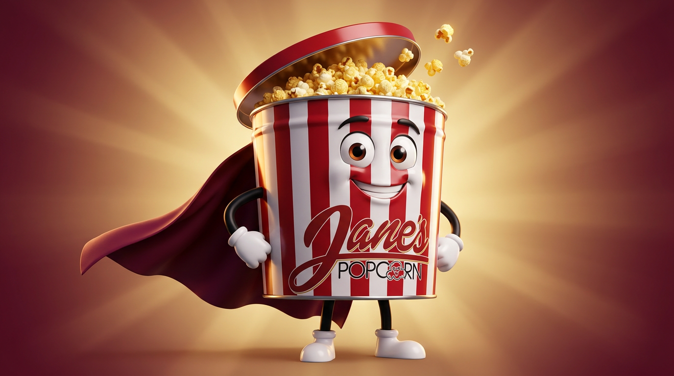 The Jane's Popcorn gift tin character arriving in a heroic pose