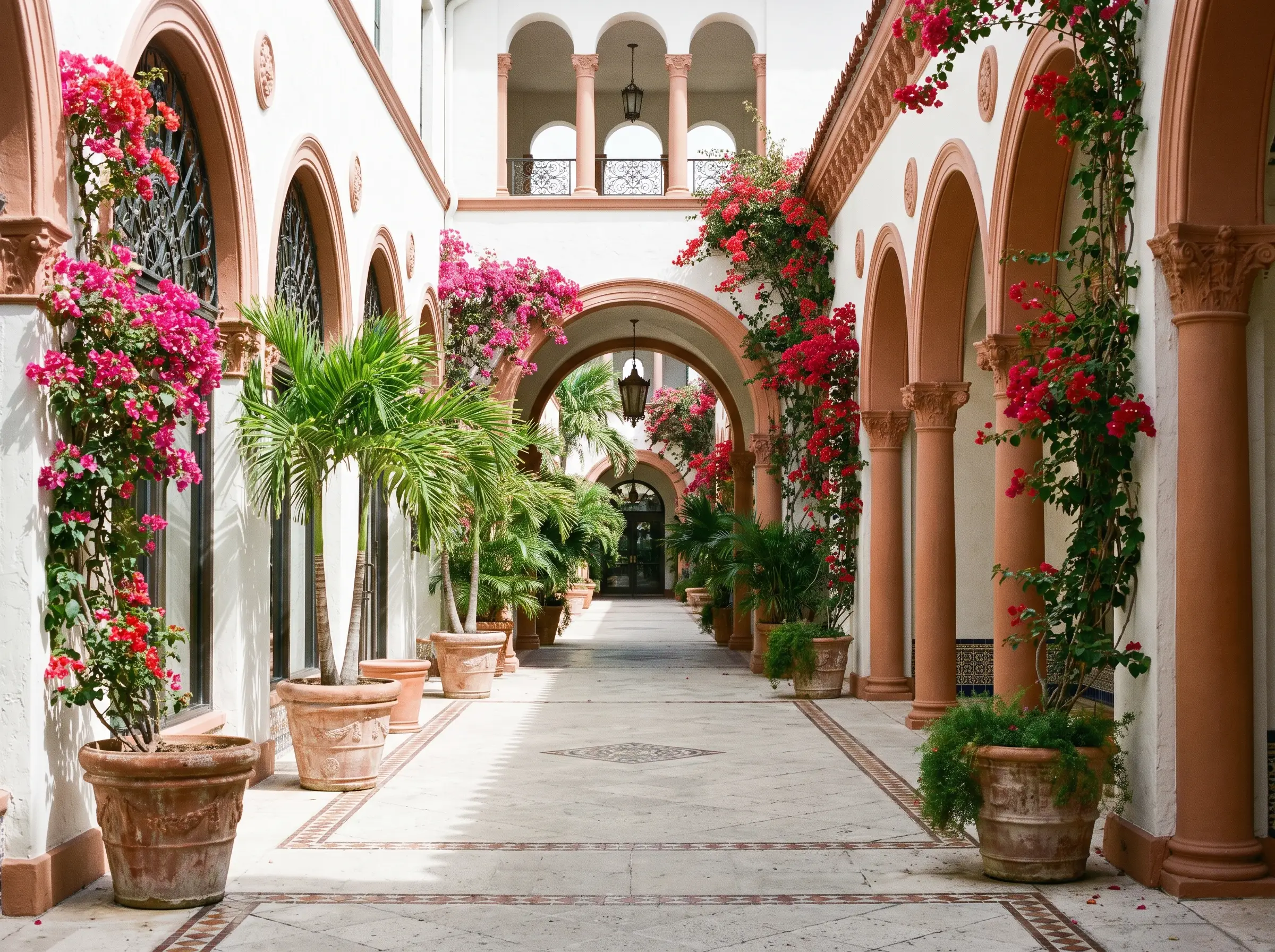 Mediterranean-revival arcade in the Worth Avenue manner