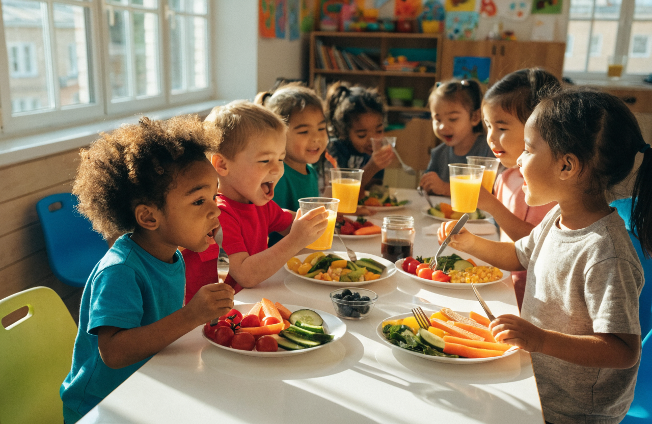 Kinder genießen gemeinsam frisches Kita-Catering in Berlin