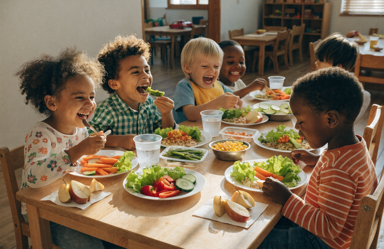 Fröhliche Kita-Kinder beim gesunden Mittagessen – Kids-Teller Kita-Catering Berlin