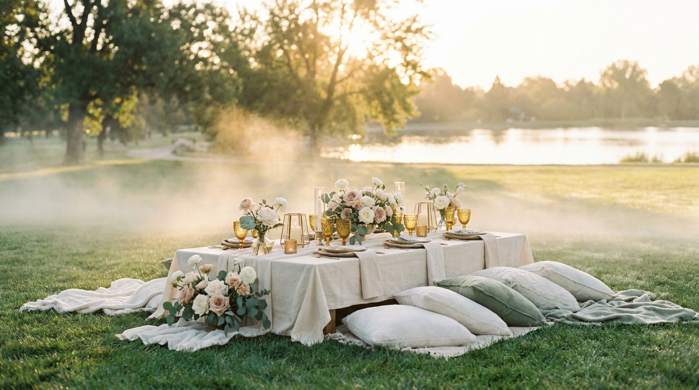 Luxury picnic on a misty Denver park lawn at golden hour