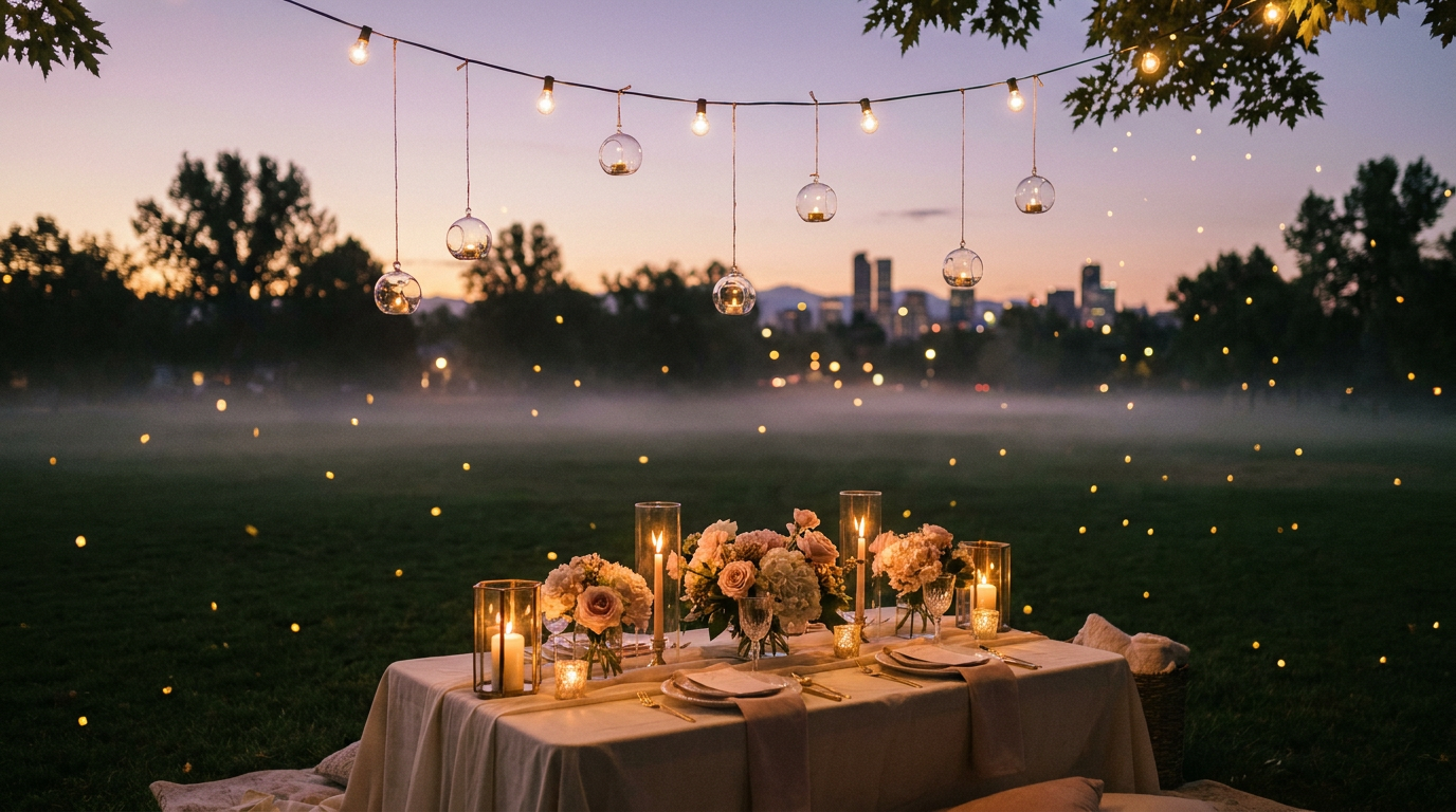 Evening picnic glowing under string lights at blue hour