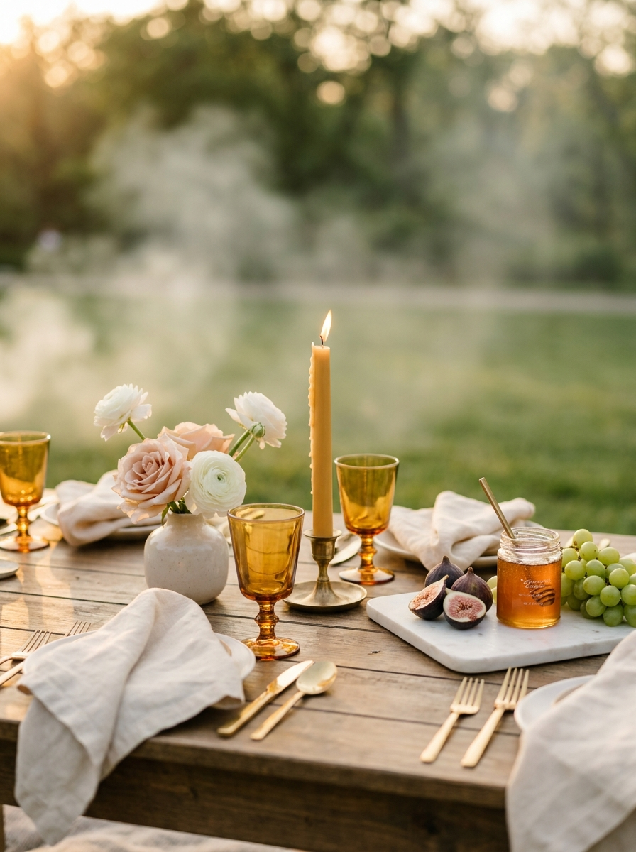 Styled picnic table detail with florals, candlelight and glassware