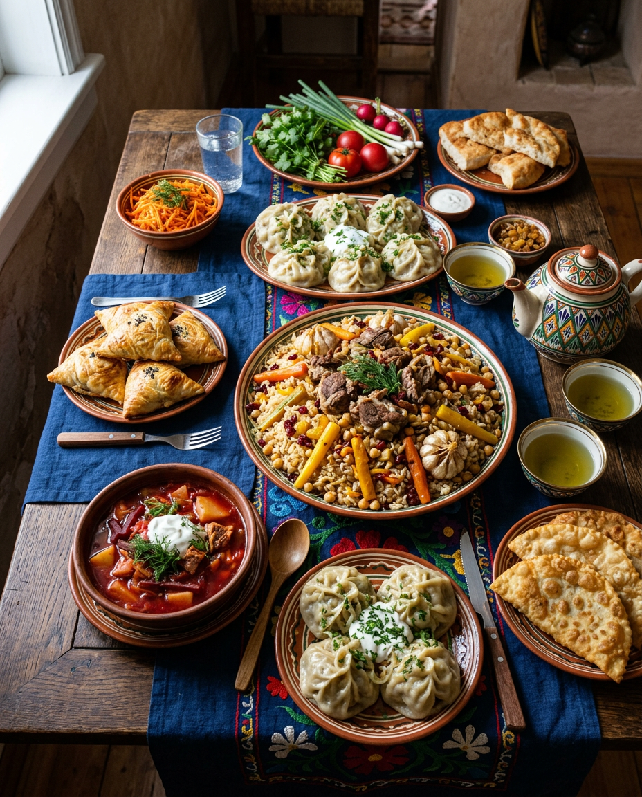 Table spread of Central Asian dishes