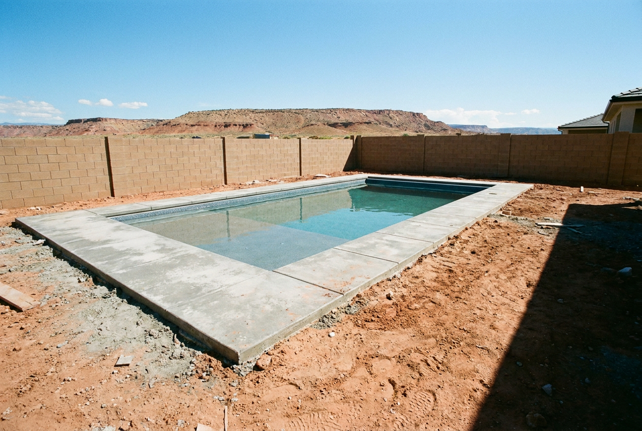 Pool deck — travertine, shade & turf — bare, as photographed