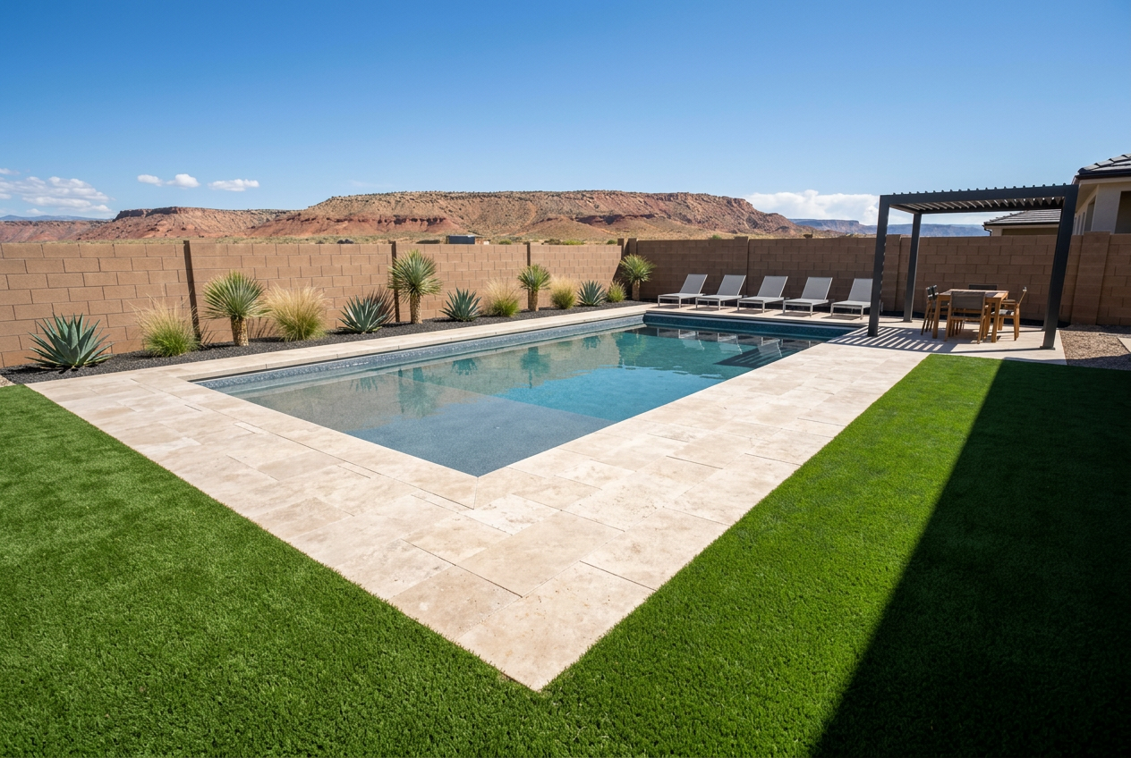 Pool deck — travertine, shade & turf — designed
