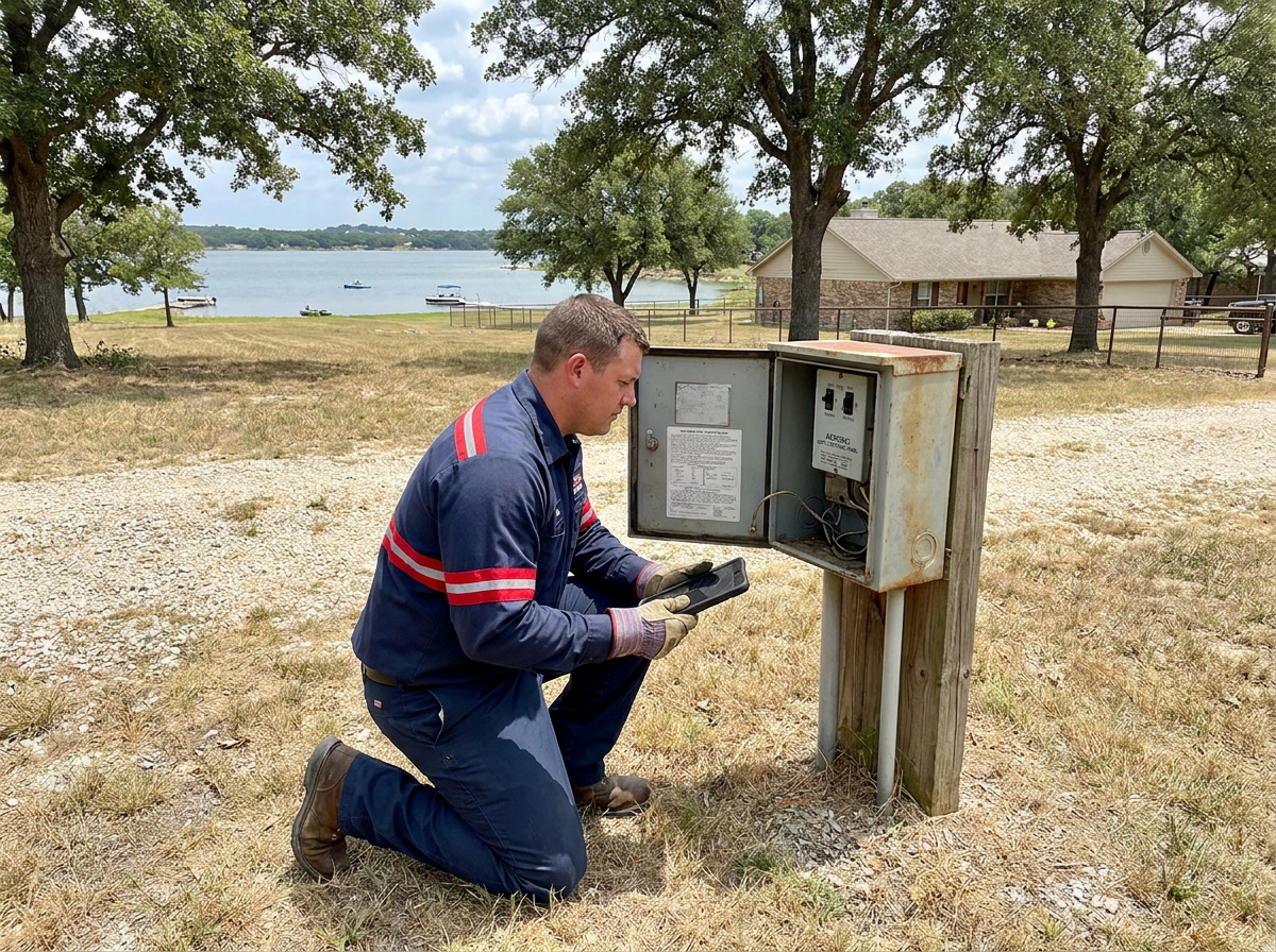 Septic technician servicing aerobic system near Lake Kiowa Cooke County Texas