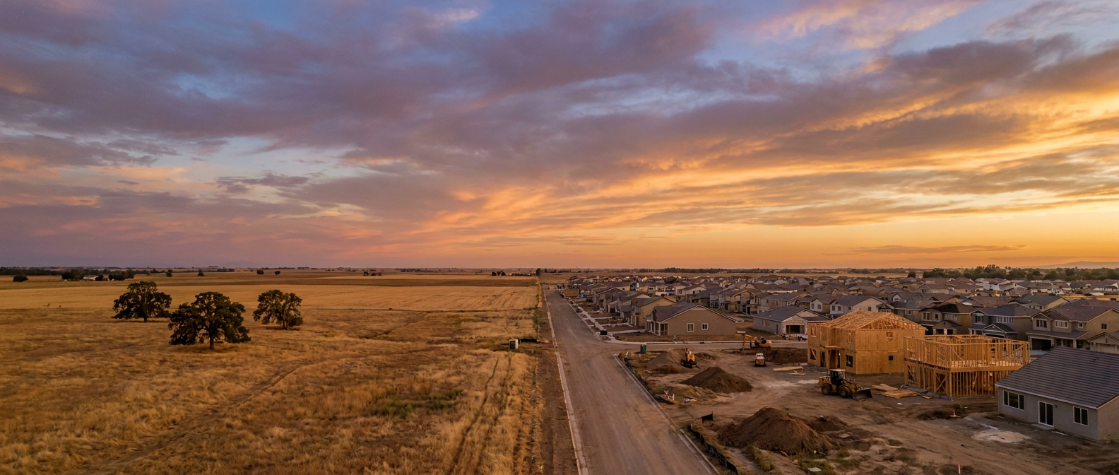 Growing suburban Denton County Texas neighborhood near rural farmland