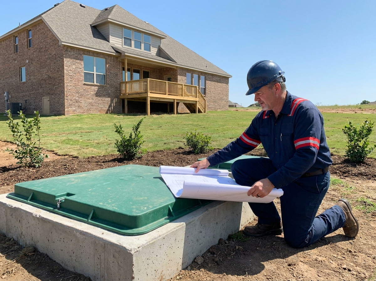 Septic technician at new aerobic system installation in Denton County Texas