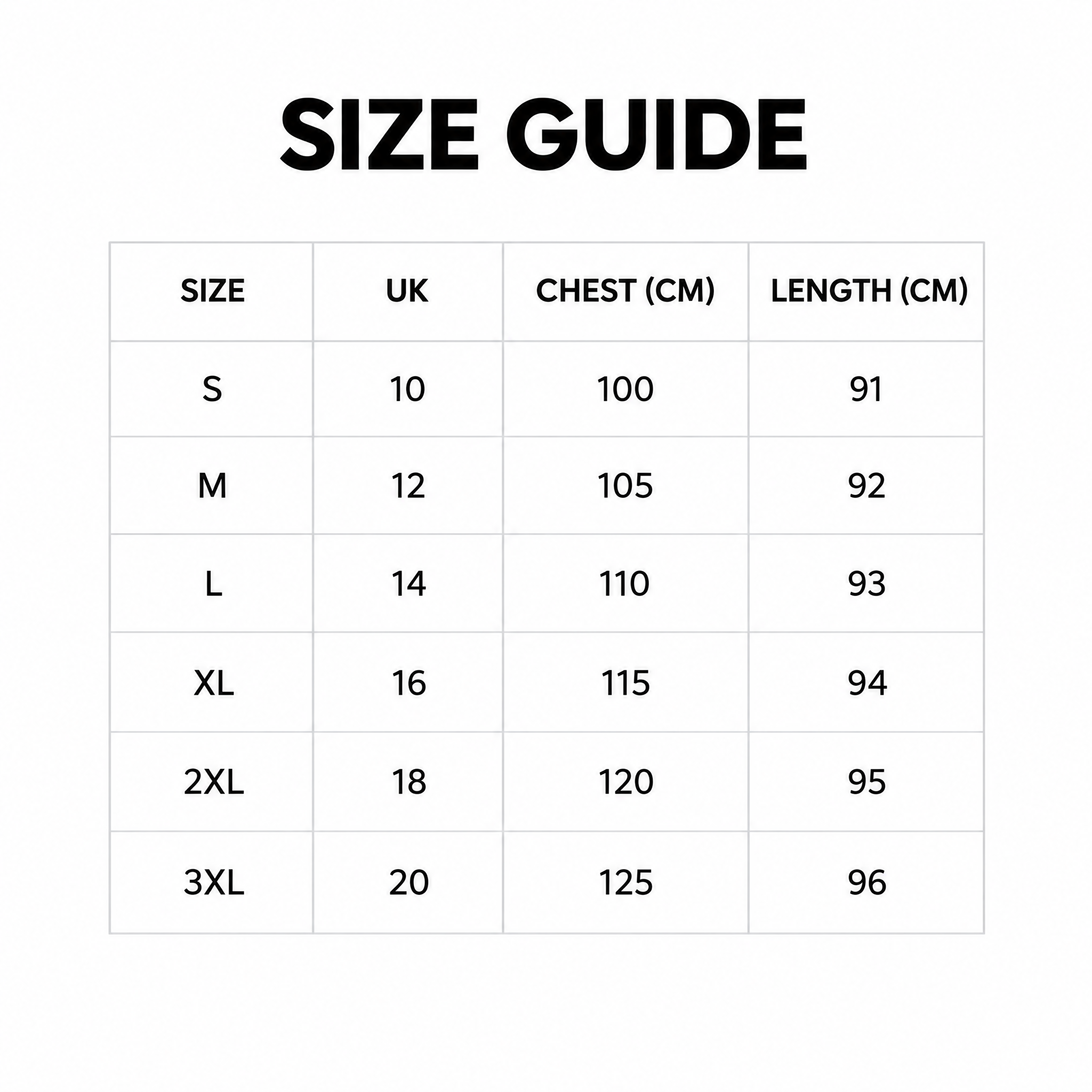 AURORA UK size guide
