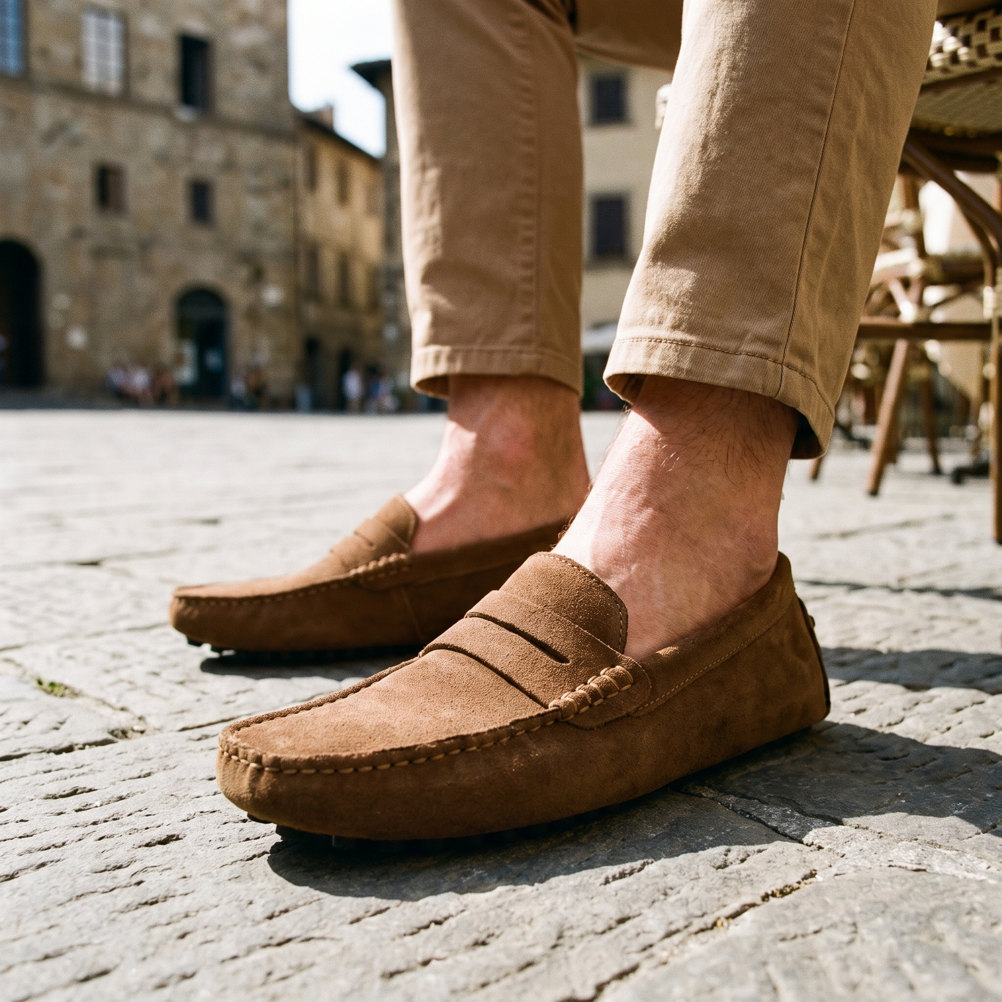 Sander loafers på ett kullerstensplan