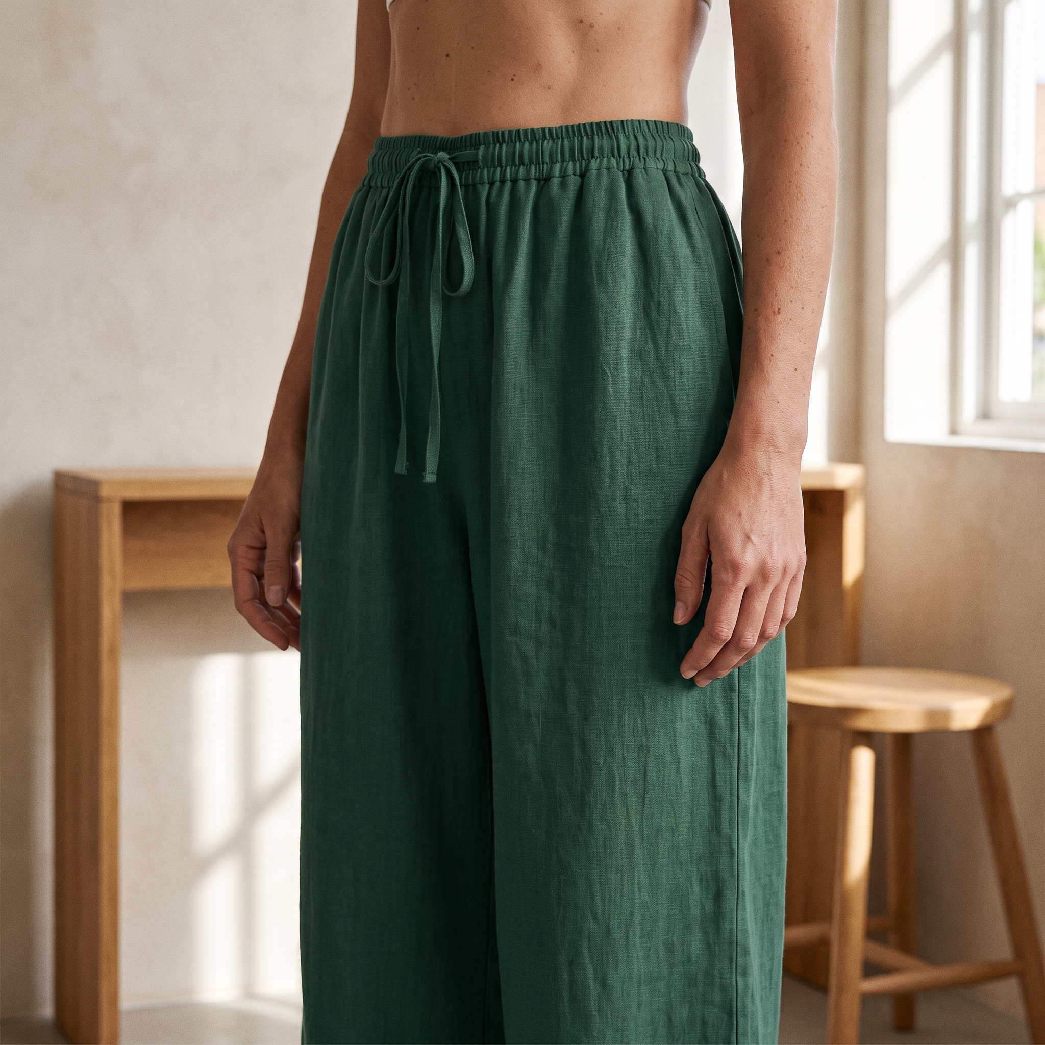 Linnea vida byxor - detalj av h\u00f6g elastisk linning