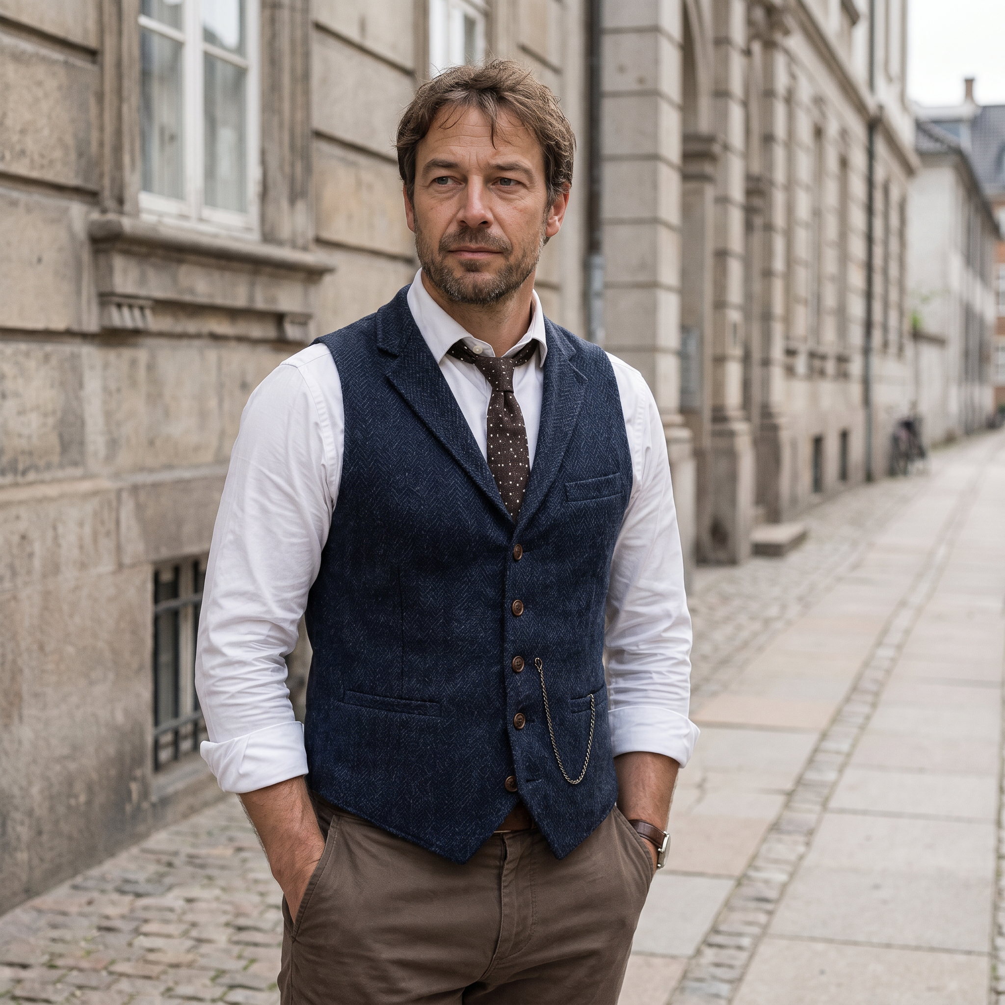 Emrik väst buren på en stenlagd gata