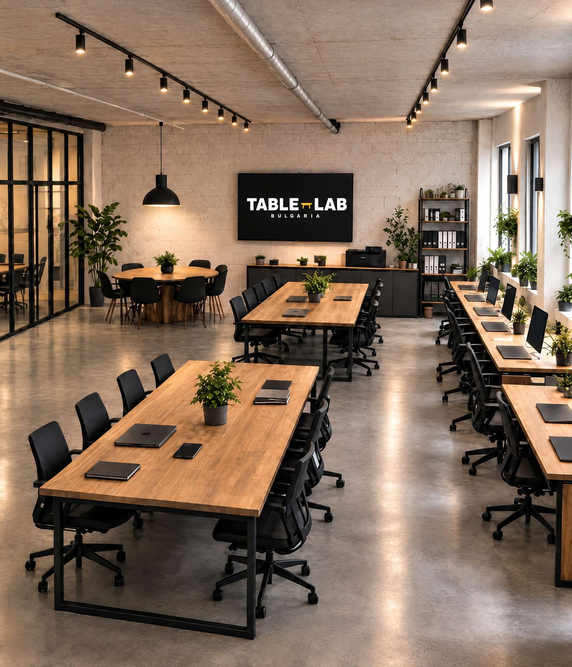 Отворен коуъркинг офис с бюра, споделена маса и логото на TABLE-LAB на екрана