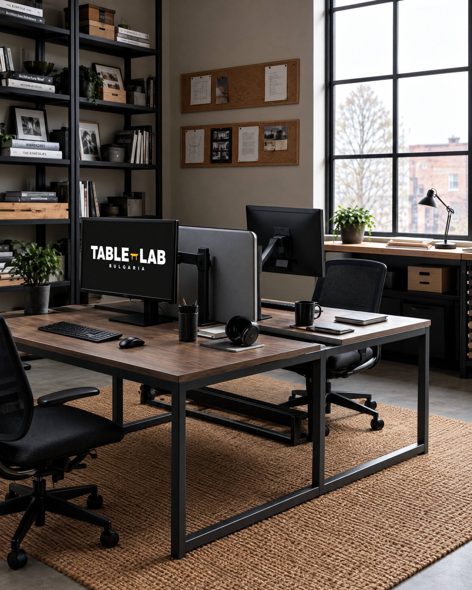 Кабинет с бюро и рафтова система, логото на TABLE-LAB на монитора