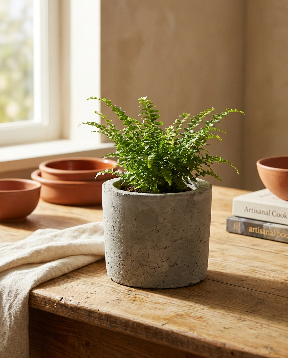 Maceta decorativa de cemento terminada, con planta, sobre mesa de madera con luz natural