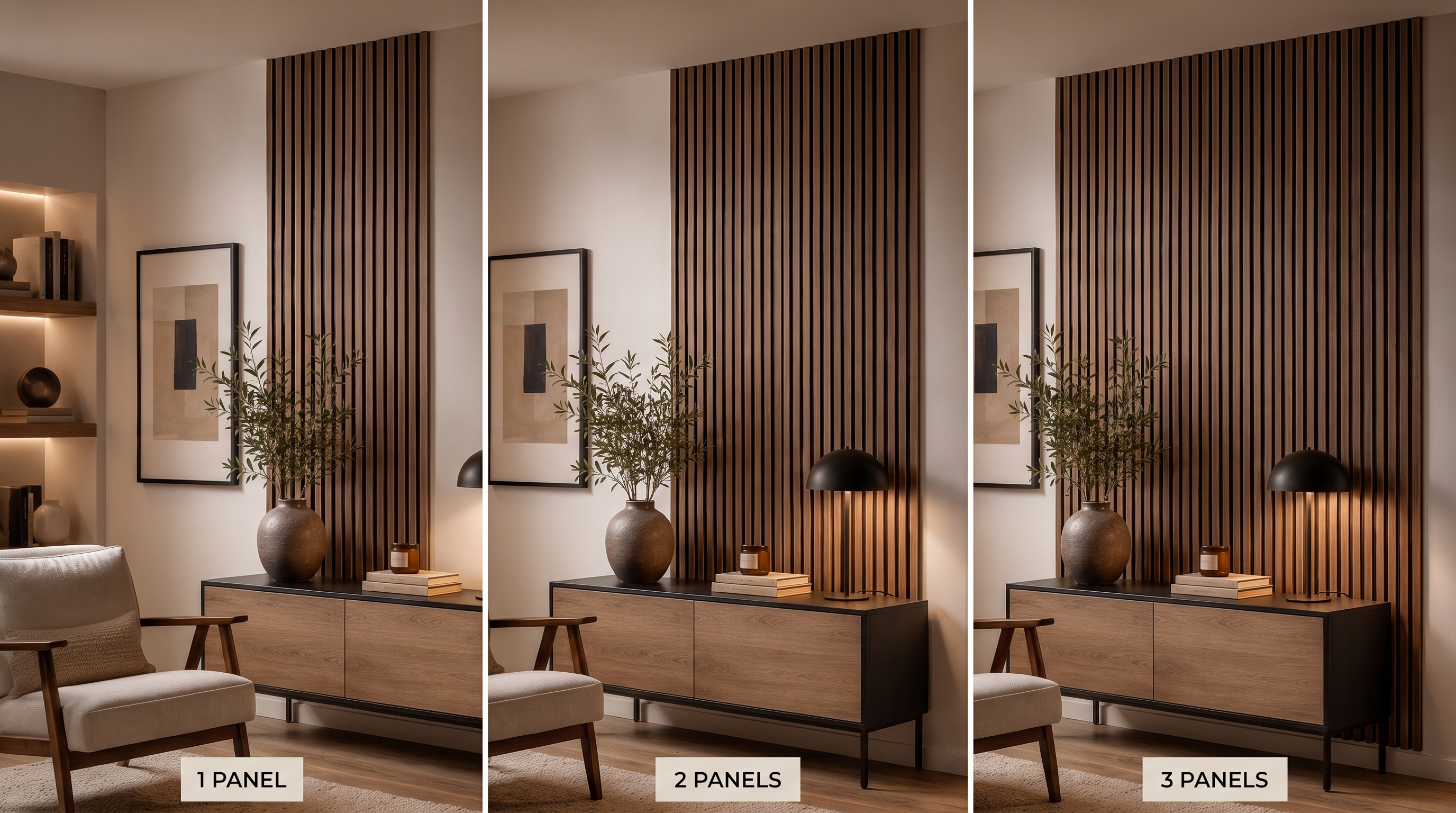 Comparison of 1, 2, and 3 Ravellora acoustic wood slat wall panels installed on a wall