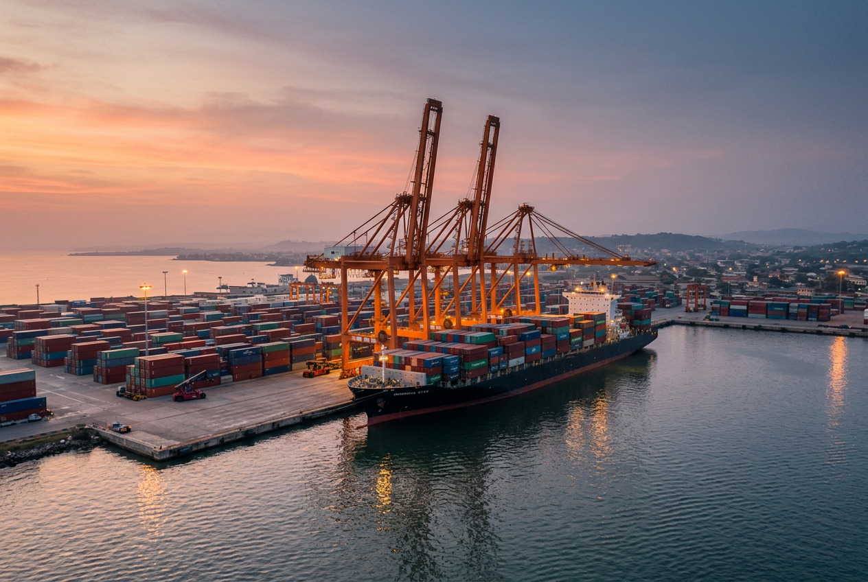 Container vessel loading at the Port of San Pedro at dusk