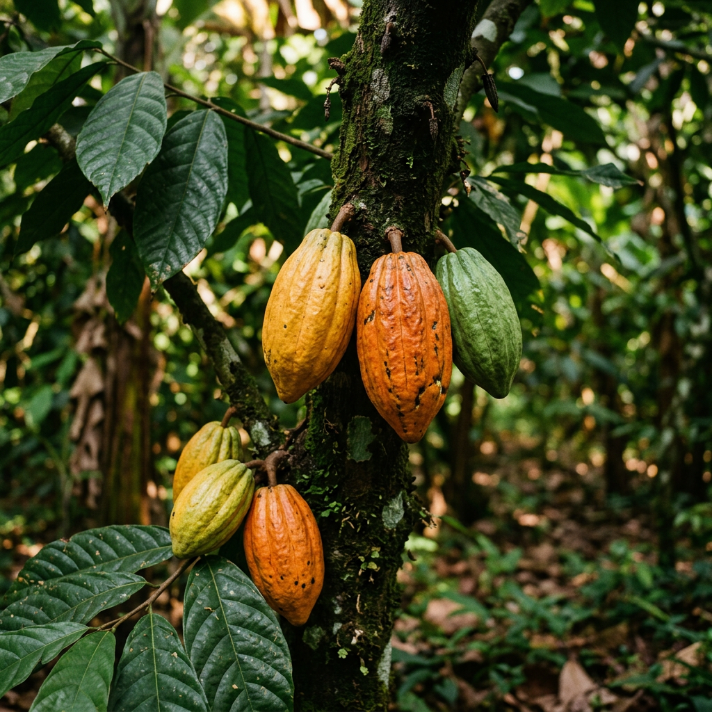 Ripening cocoa pods on the tree