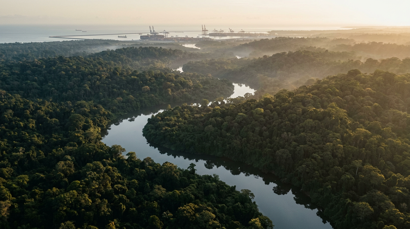 Aerial view of a river cutting through West African rainforest toward the port
