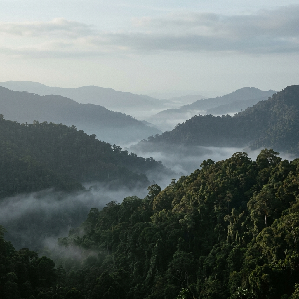 Mist rising over forested hills