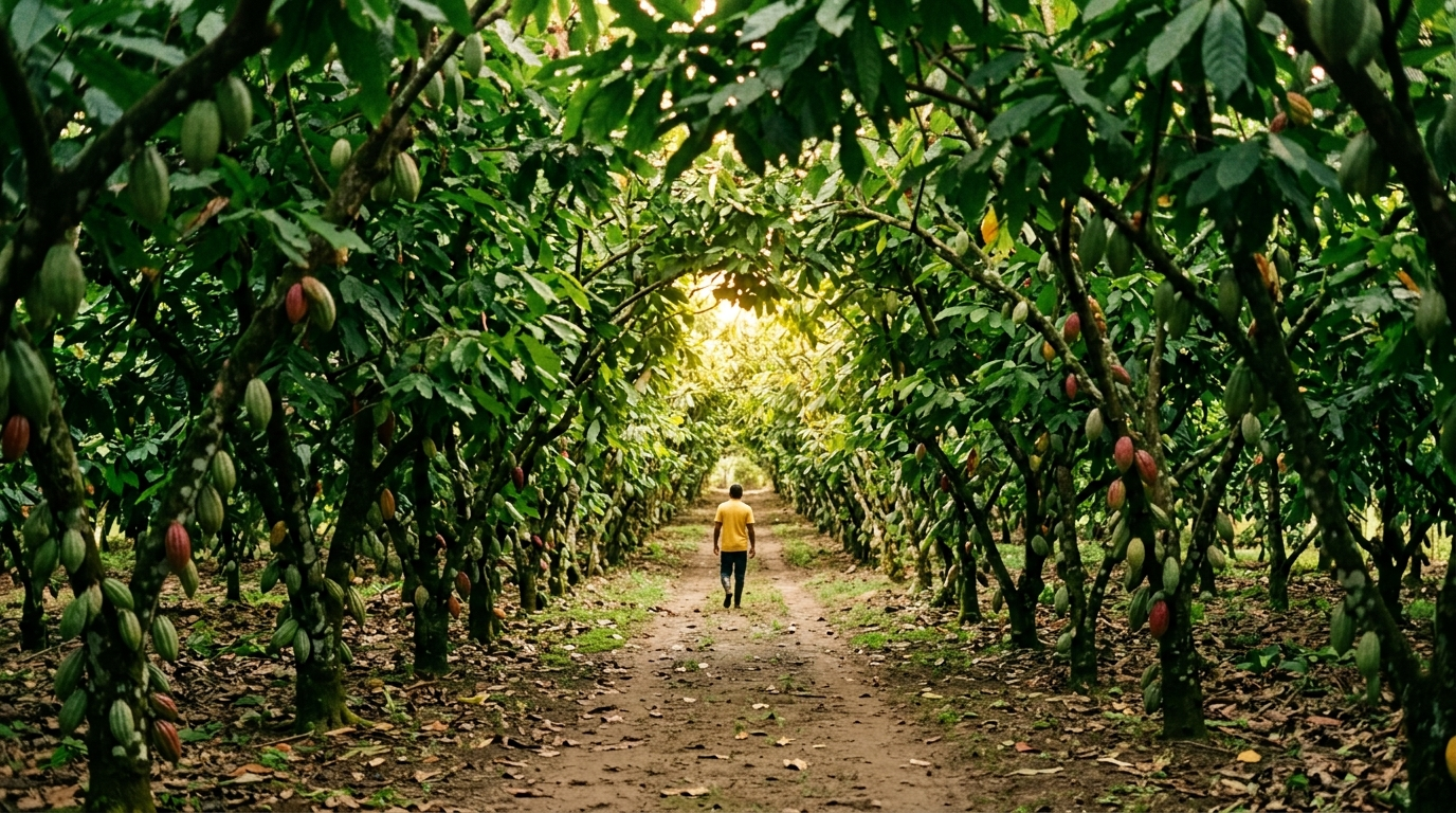 Avenue between mature cacao rows on the plantation