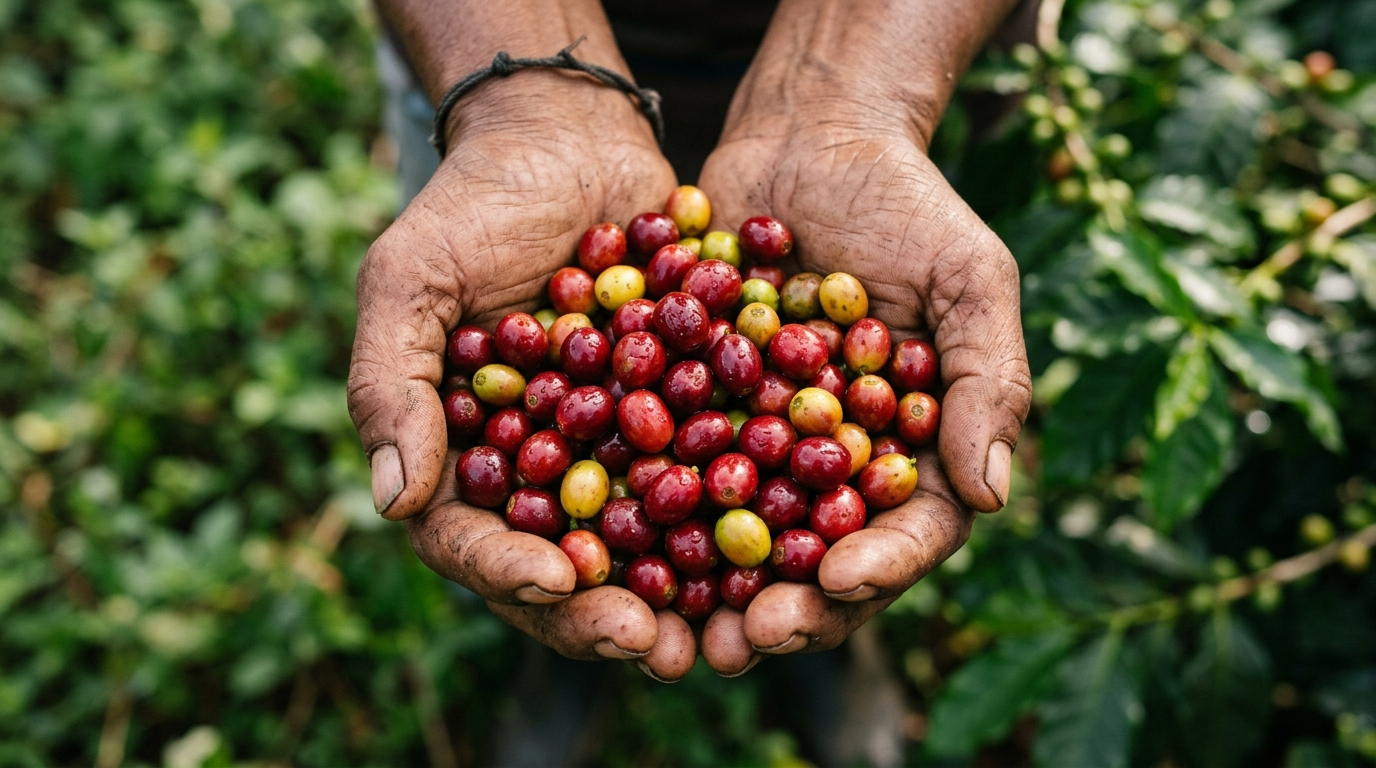 Freshly picked coffee cherries held in cupped hands