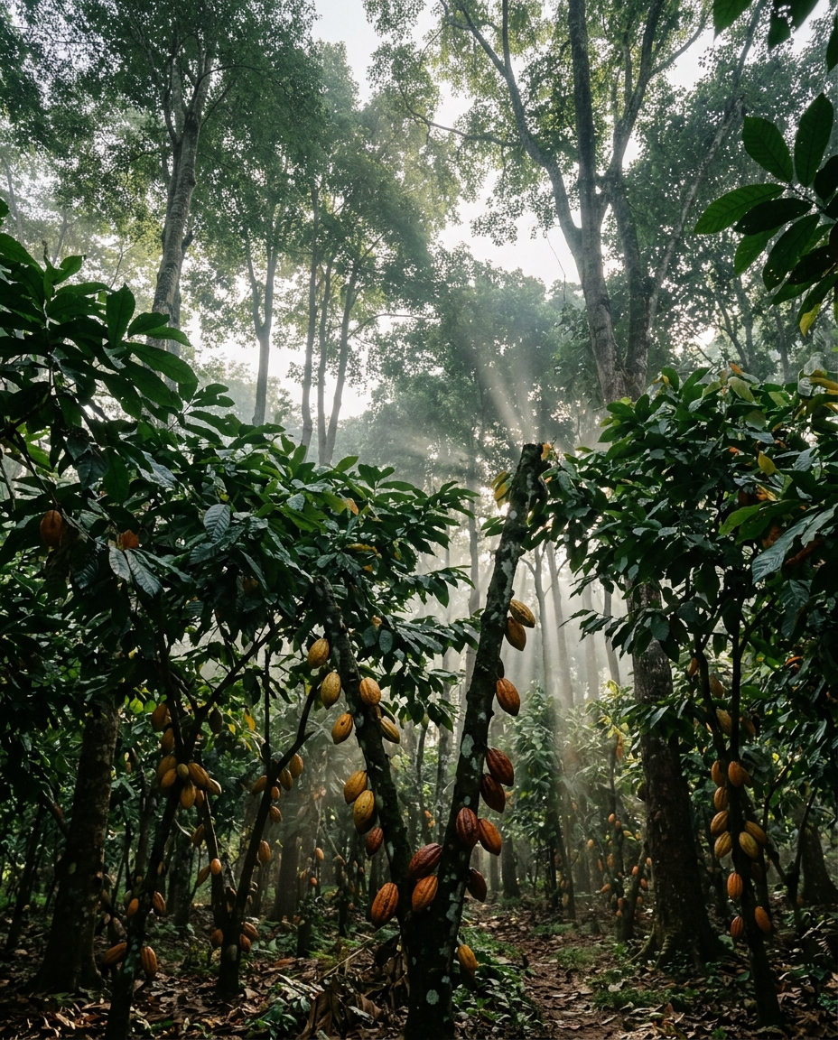 Cacao trees growing beneath tall native shade trees on a West African agroforestry plantation