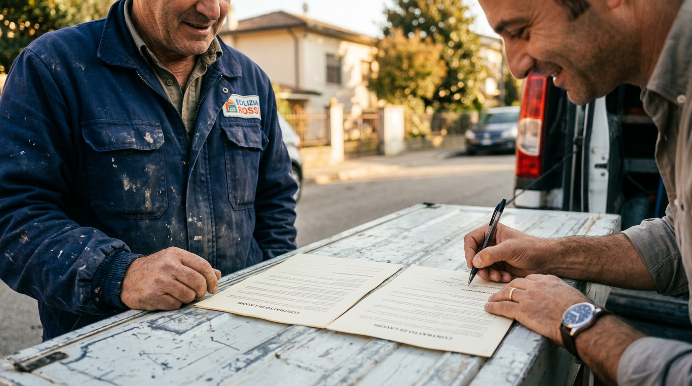 Cliente che firma il contratto durante il sopralluogo