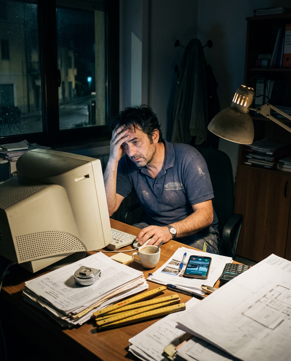 Tecnico edile che prepara il computo metrico la sera in ufficio