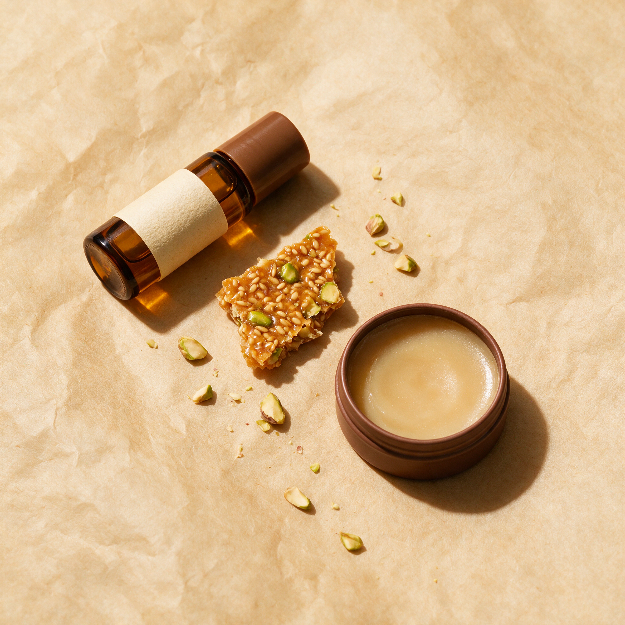 SOHAN roll-on, balm tin and a snapped shard of brittle on parchment
