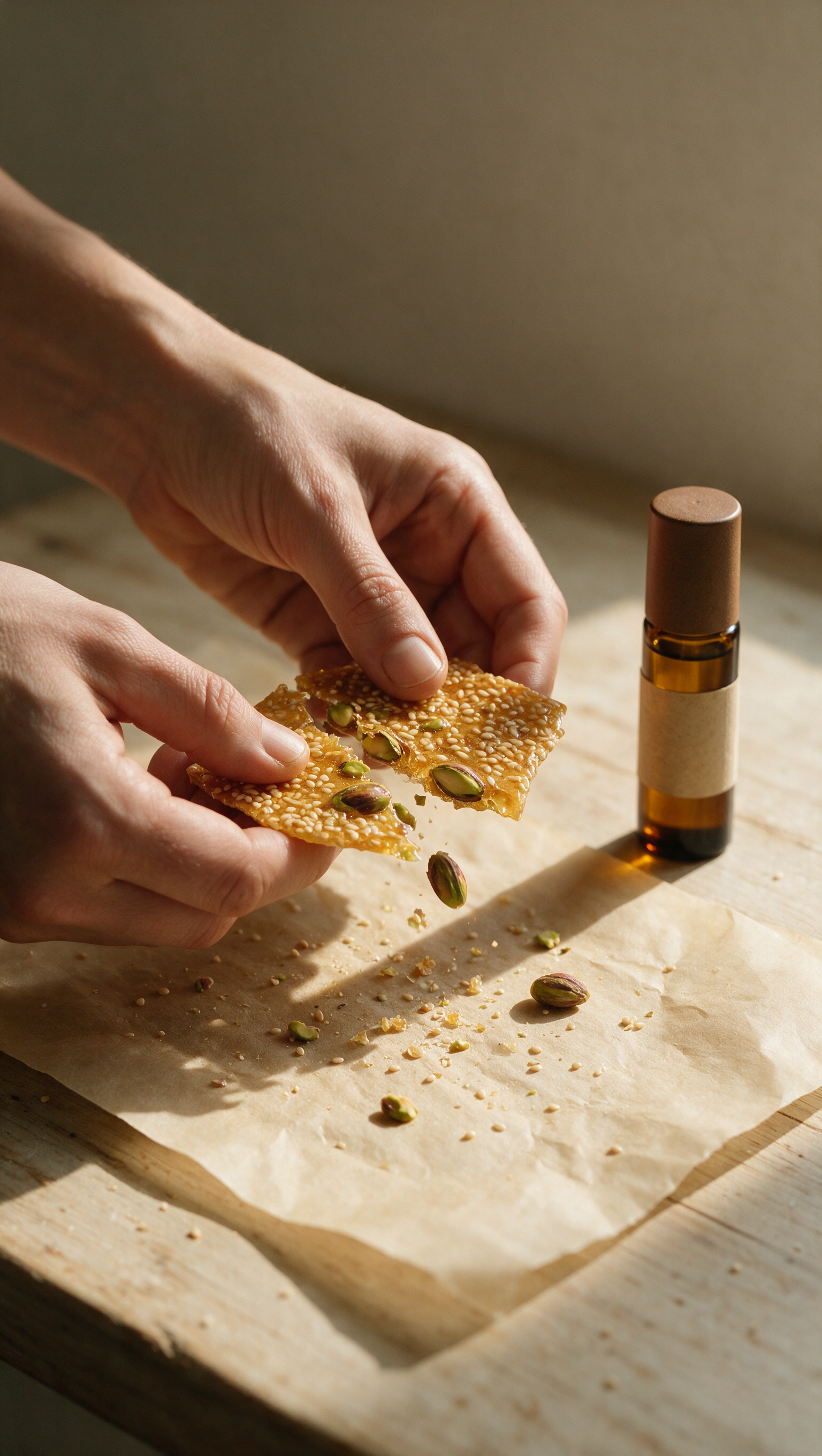 Hands snapping a sheet of sesame and pistachio brittle