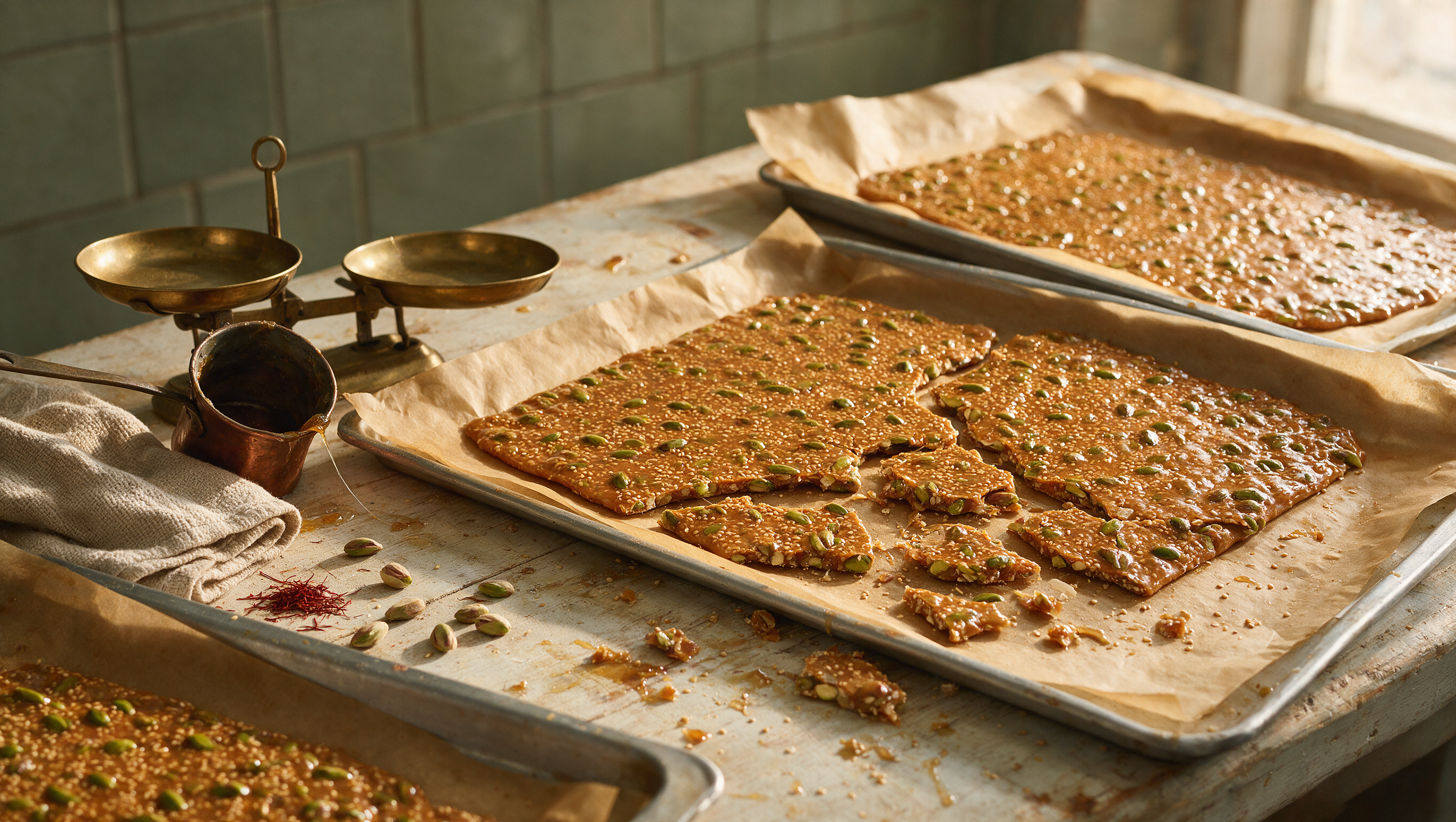 A confectioner's bench with trays of sesame and pistachio brittle cooling on parchment