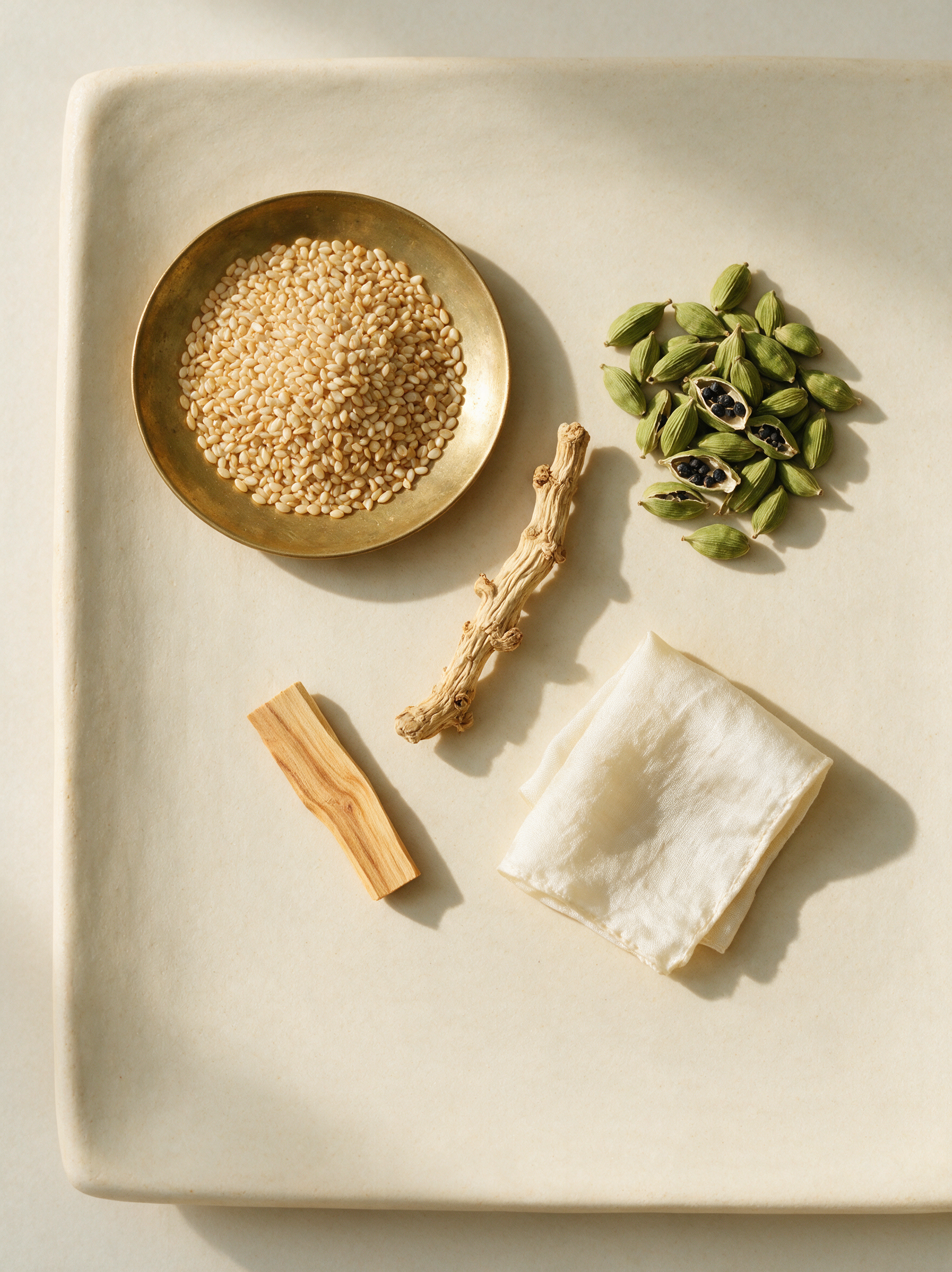 Toasted sesame seeds, green cardamom pods, iris root and sandalwood on cream ceramic