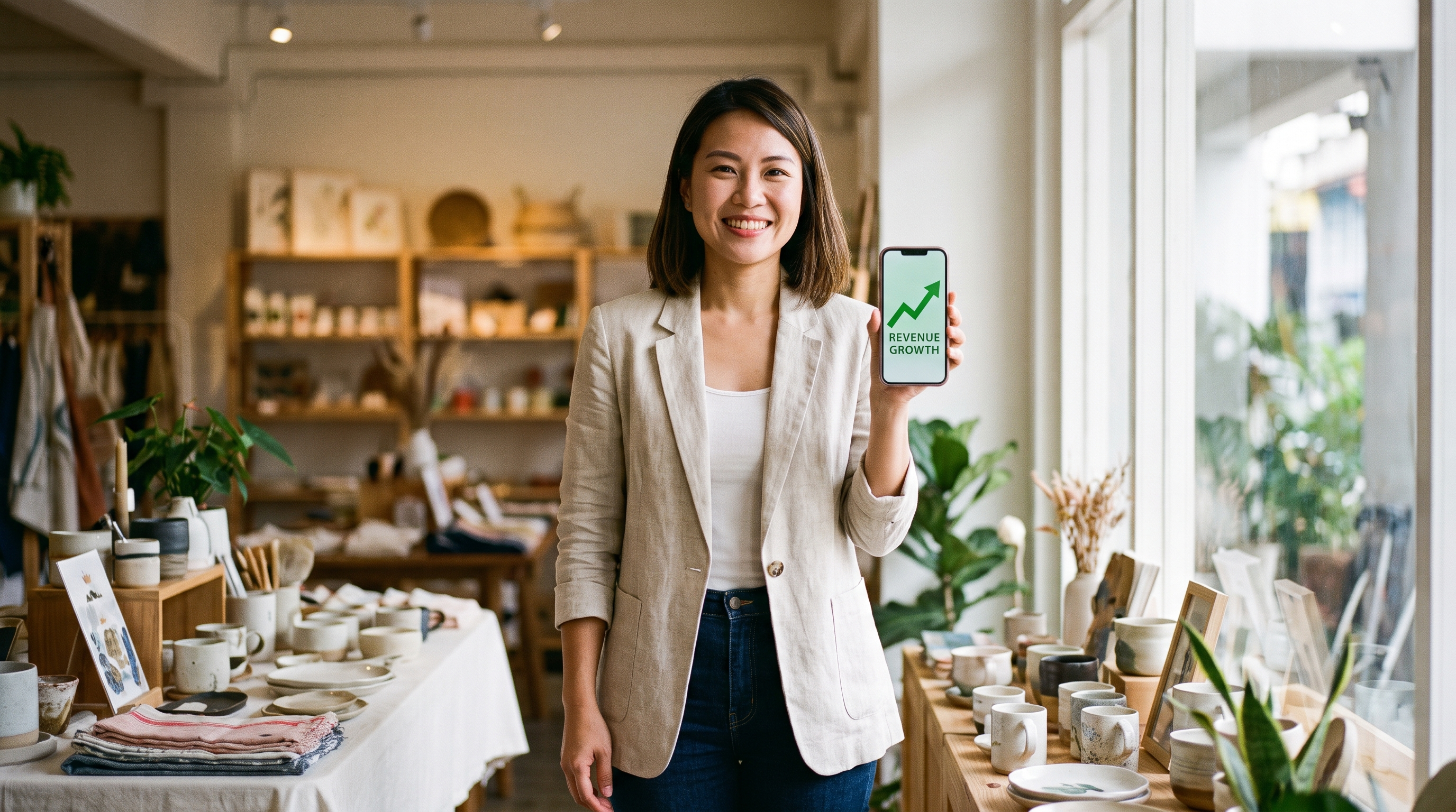 Singapore small business owner reviewing revenue growth on her phone