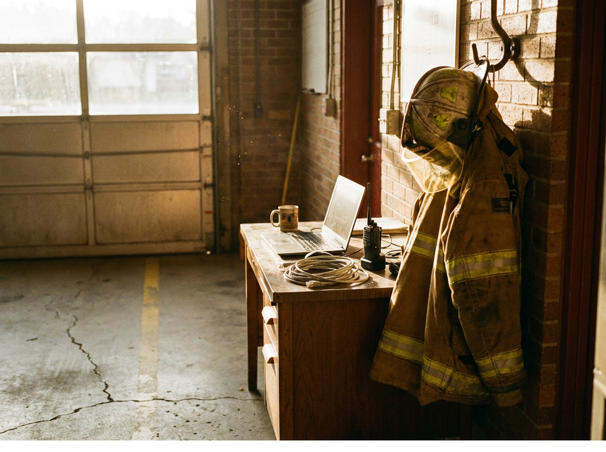A firefighter's turnout coat and helmet hanging beside a desk with a laptop and a radio
