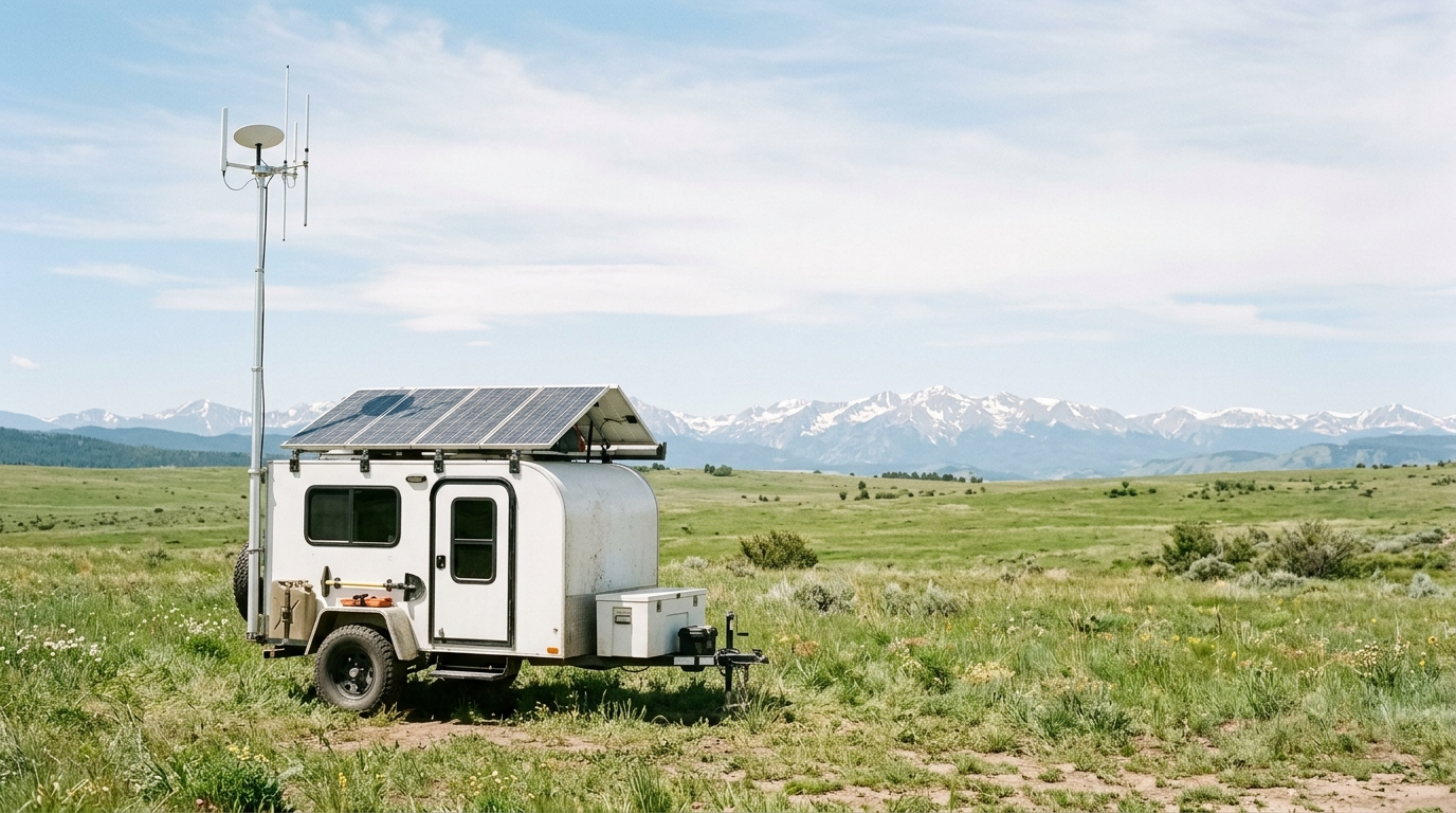Colorado WiFi solar-powered telecom trailer with its antenna mast raised on an open meadow below the Front Range