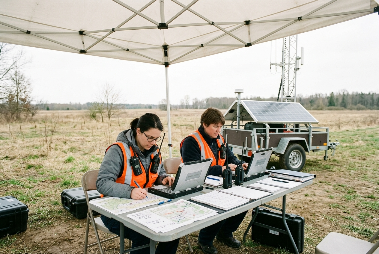 Emergency responders working at a canopy command post with a Colorado WiFi unit deployed behind them
